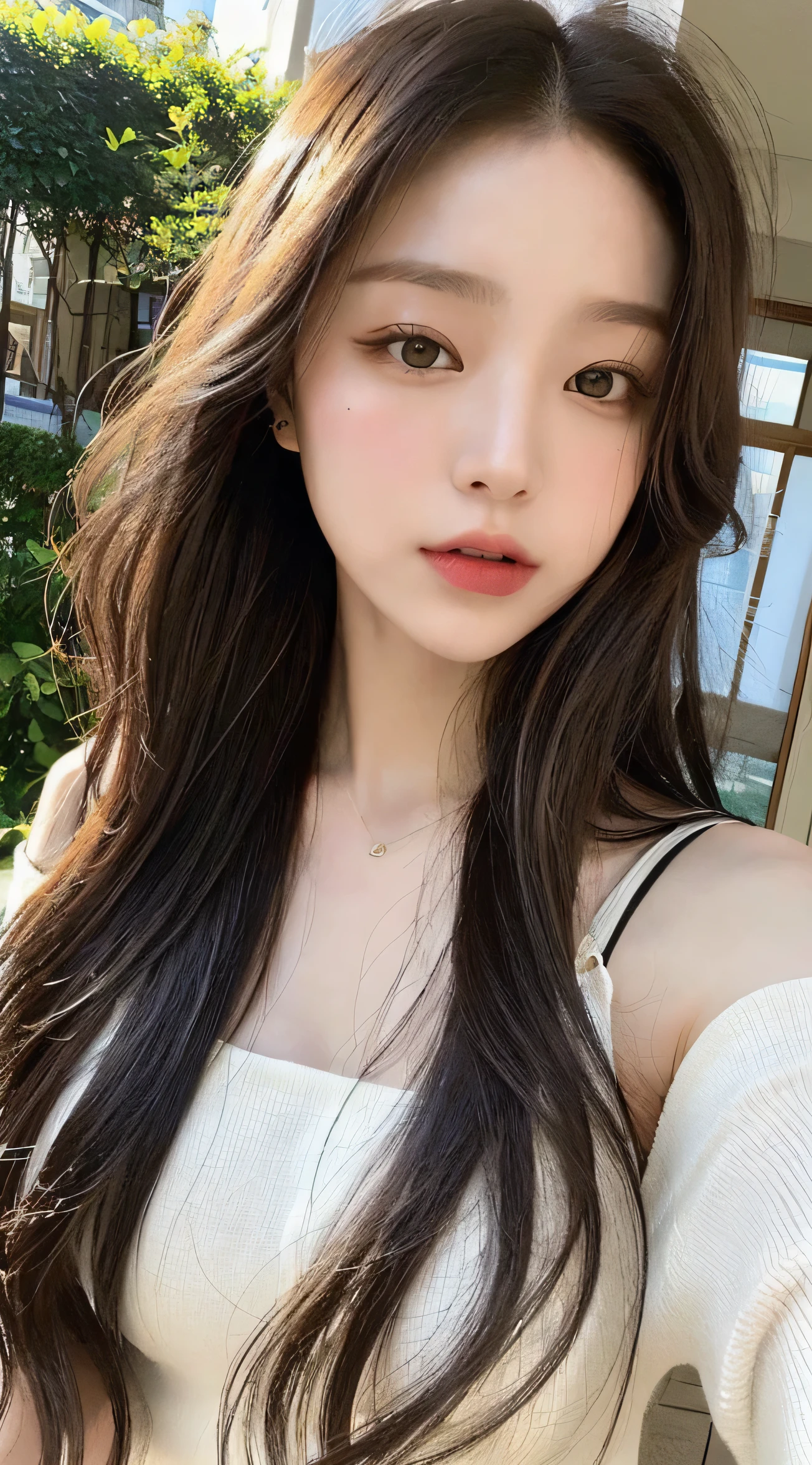 Apologies for that oversight. Let's insert specific colors:
In this close-up selfie of Hikari, the frame highlights her upper chest and face, creating an intimate and engaging composition. She wears a chic black top that accentuates her youthful style, adding a touch of sophistication to the overall look.
Hikari's hair is a luscious cascade of rich, chestnut brown, flowing freely around her shoulders. The loose and unstructured hairstyle not only adds a sense of effortlessness but also highlights her vibrant and carefree spirit. The strands playfully catch the light, adding a subtle sheen to her appearance, plants in the background
Her eyes, a captivating shade of deep hazel, are the focal point of the photograph. They reflect a combination of wisdom and youthful exuberance, drawing viewers into the depth of her gaze. Hikari's facial expression is a perfect blend of confidence and approachability, making the selfie both intriguing and welcoming.
At 24, Hikari exudes a confident charm that is subtly conveyed in this selfie. The composition skillfully captures not only the external beauty but also hints at the vibrant personality and individuality that define her at this stage of life.