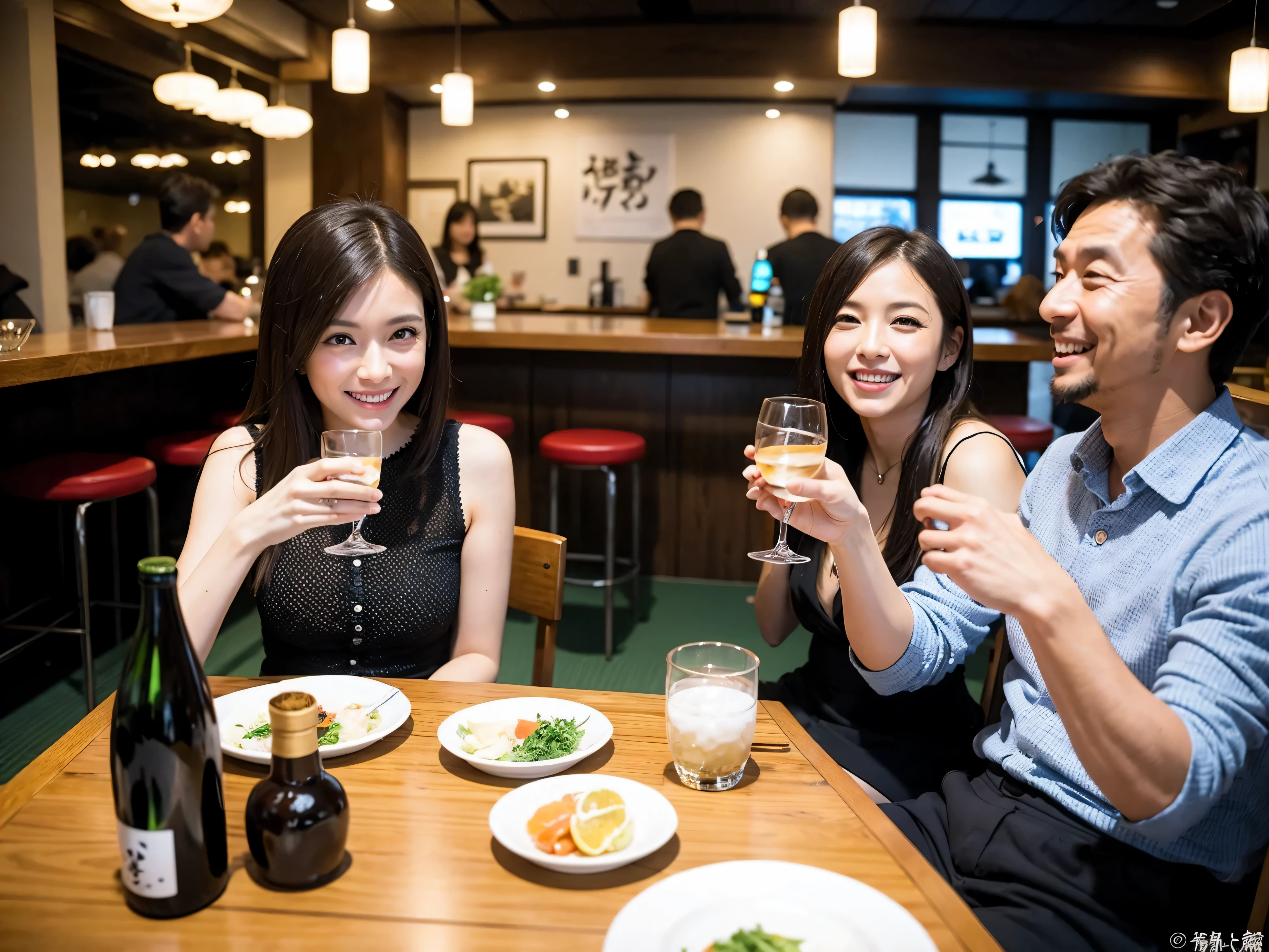 Detailed images that look like they were taken with a high-end camera、party、couple、banquet、Japanese sake、liter bottle、Inoguchi、Shochu、hot sake、Japanese sakeファン、I love Japanese sake、because I'thin、Women who drink alcohol、36 years old、38 years old、Colombia、Brazilian、Japanese、Dutch、German、Portuguese、Belgian、chiri、American、french、Spaniard、Italian、Indian、Englishman、Cut your hair short、brown hair、beautiful woman with glasses and cup、Japanese sakeグラスとワイングラスには清酒が入っています.、720m of Japanese sake、1.You can also see the 8L sake bottle...、There is also Choshi、adult woman in her 30s、Have a nice smile while enjoying a drink.、The location is a hotel restaurant..、You can see the beautiful night view of the city outside the window..、The floor is the 1st floor、In the background you can see a man and a woman enjoying alcohol...。