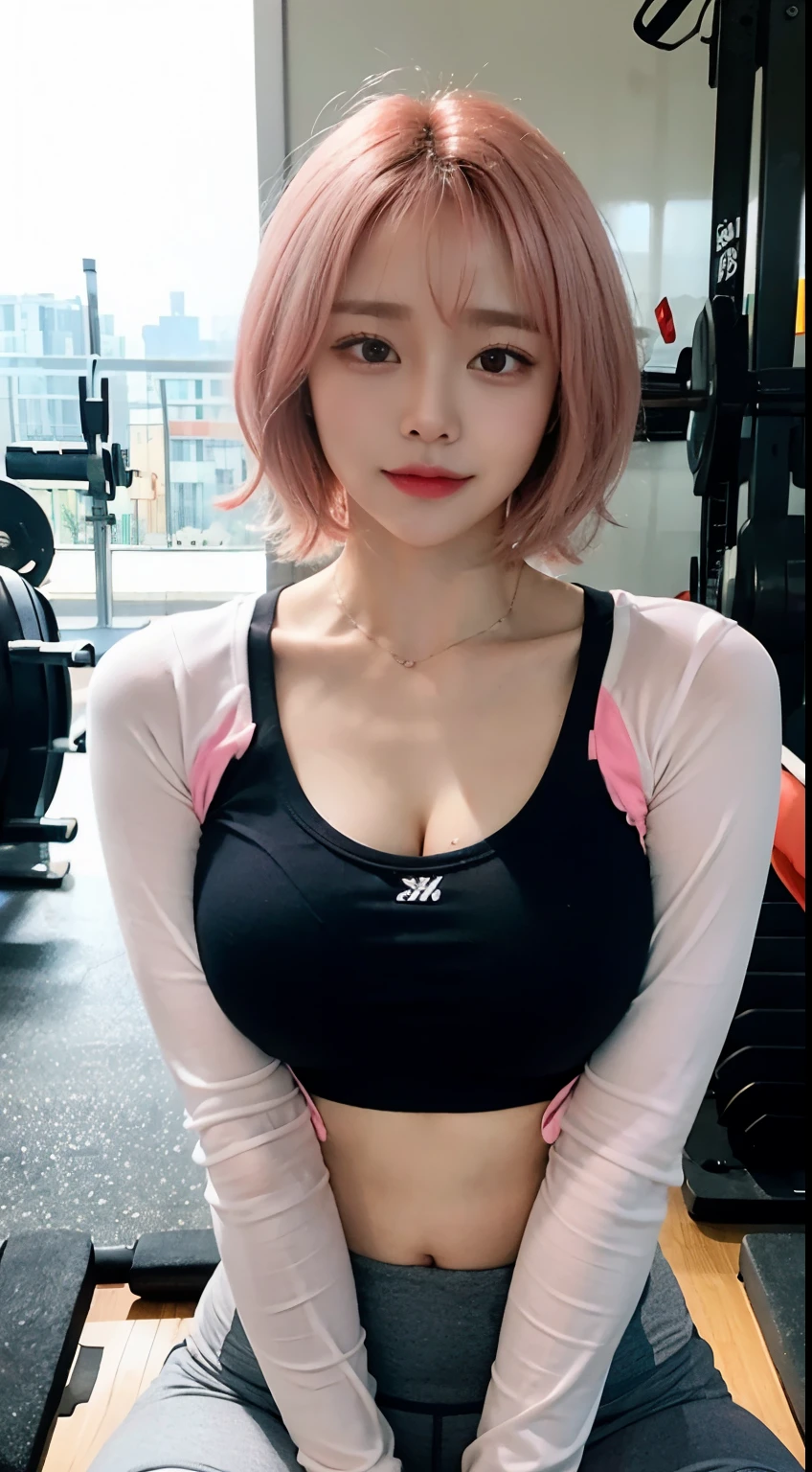 realistic、highest quality、1 girl、pink hair,short hair,saliva、,professional lighting、on lap、Being in the gym、Power Rack、long sleeve fancy yoga wear、