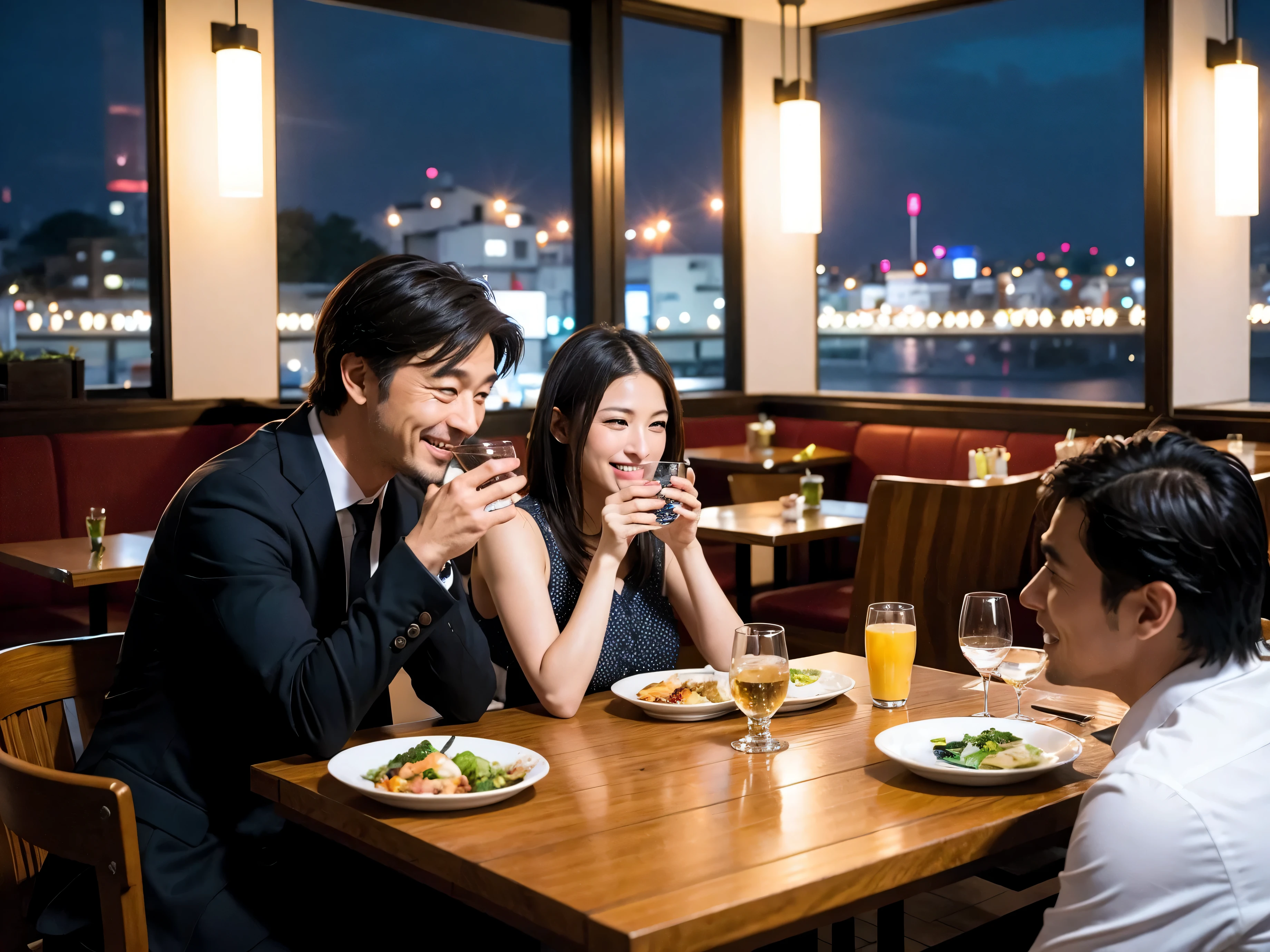 Detailed images that look like they were taken with a high-end camera、party、couple、banquet、Japanese sake、liter bottle、Inoguchi、Shochu、hot sake、Japanese sakeファン、I love Japanese sake、because I'thin、Women who drink alcohol、36 years old、38 years old、Colombia、Brazilian、Japanese、Dutch、German、Portuguese、Belgian、chiri、American、french、Spaniard、Italian、Indian、Englishman、Cut your hair short、brown hair、beautiful woman with glasses and cup、Japanese sakeグラスとワイングラスには清酒が入っています.、720m of Japanese sake、1.You can also see the 8L sake bottle...、There is also Choshi、adult woman in her 30s、Have a nice smile while enjoying a drink.、The location is a hotel restaurant..、You can see the beautiful night view of the city outside the window..、The floor is the 1st floor、In the background you can see a man and a woman enjoying alcohol...。