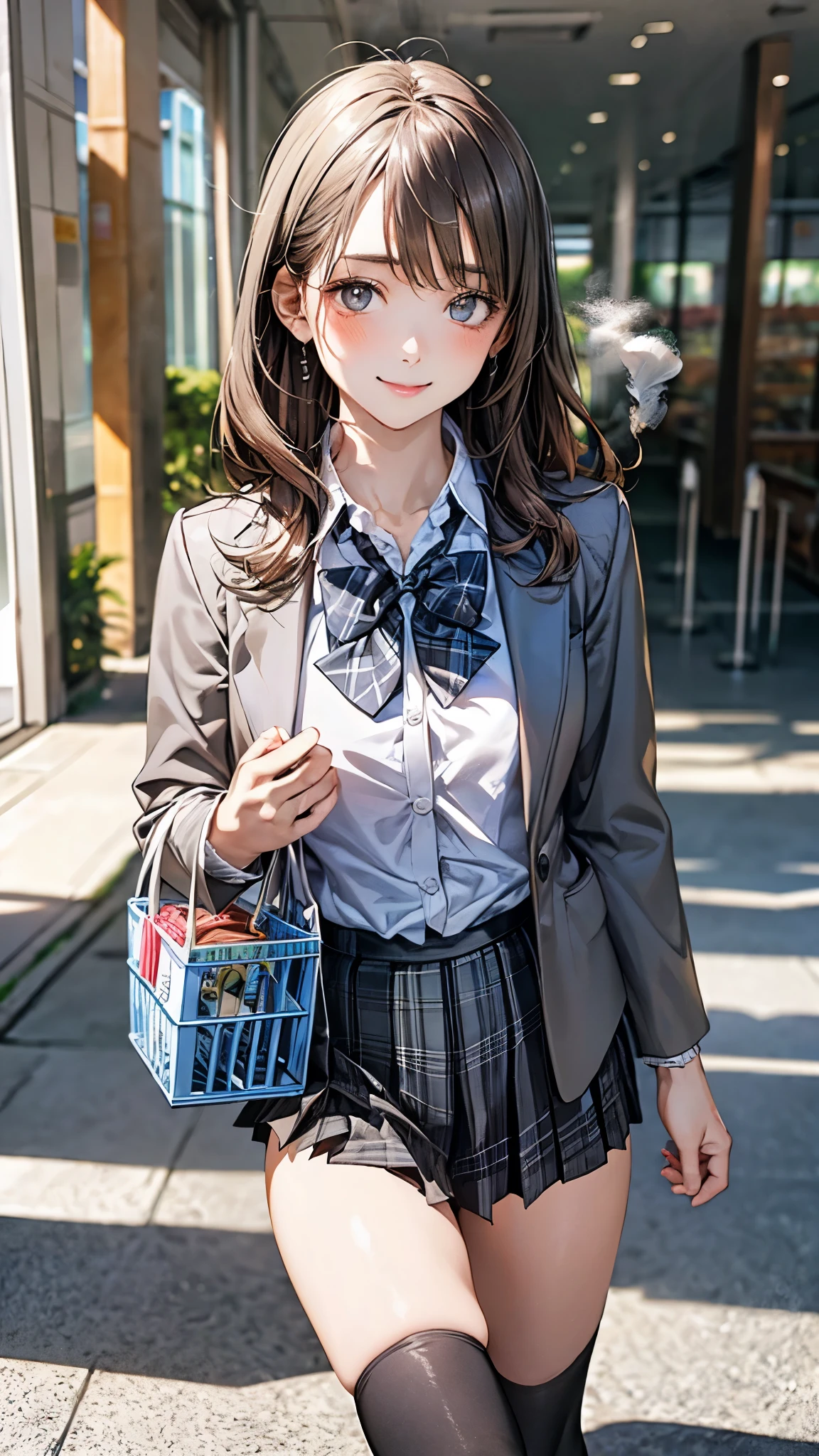 (masterpiece:1.2, top-quality), (realistic, photorealistic:1.4), beautiful illustration, (natural side lighting, movie lighting), nsfw,
looking at viewer, cowboy shot, front view:0.6, 1 girl, japanese, high school girl, perfect face, cute and symmetrical face, shiny skin,
(middle hair:1.5, lob:1.4, light brown hair), asymmetrical bangs, grey eyes, long eye lasher, (large breasts:0.7),
beautiful hair, beautiful face, beautiful detailed eyes, beautiful clavicle, beautiful body, beautiful chest, beautiful thigh, beautiful legs, beautiful fingers,
(((dark grey jacket), smoke grey collared shirts, dark grey pleated mini skirt, black socks, grey plaid bow tie)),
(beautiful scenery), evening, (inside super market, (walking, bring a shopping basket)), (lovely smile, upper eyes),