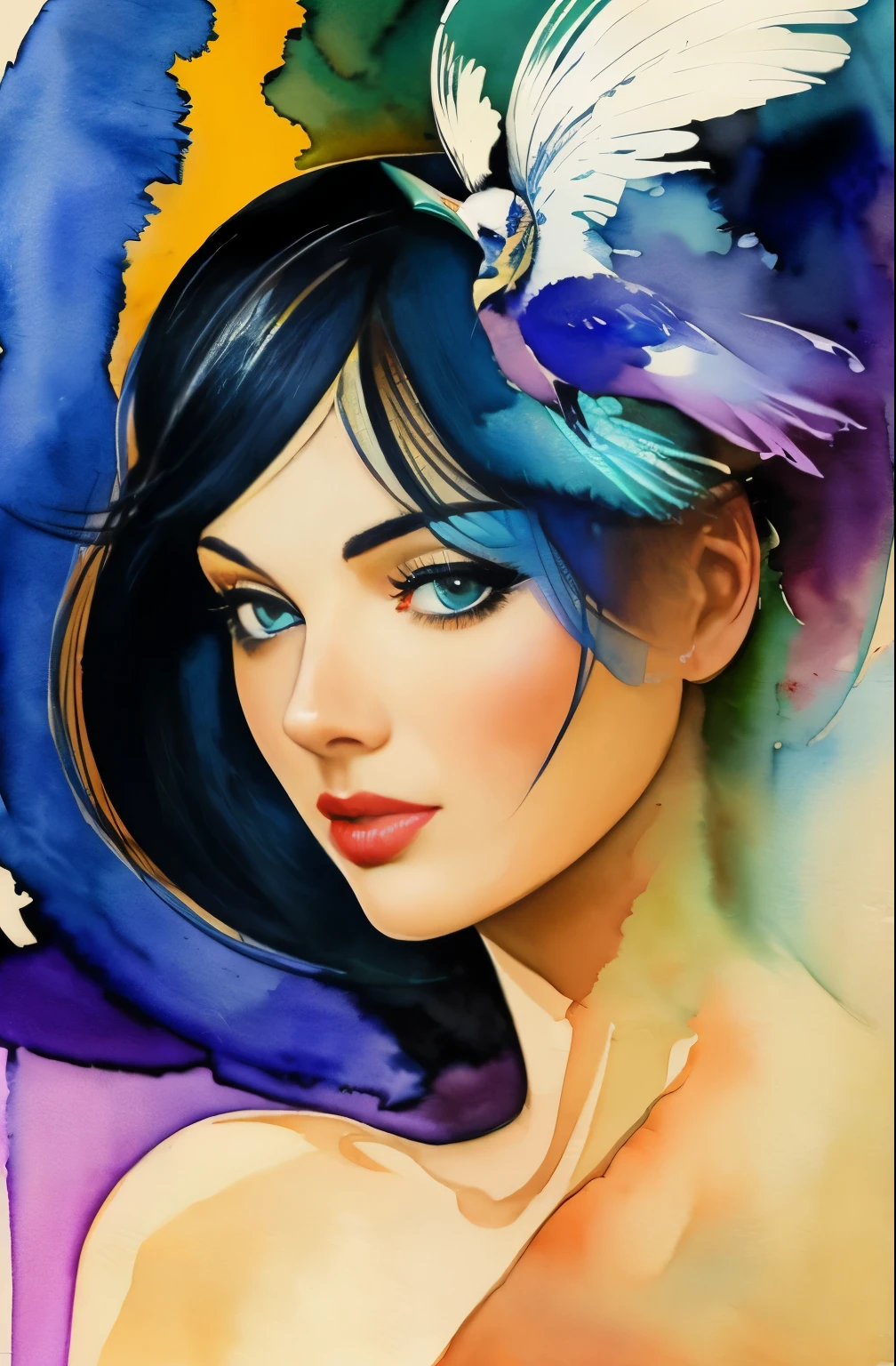 painting of woman, tumbler, figurative art, Intense watercolor painting, watercolor detailed art, Watercolor Splash, surreal, Avant-garde pop art, Beautiful and expressive paintings, Beautiful artwork illustration, very colorful tones, wonderful, cool beauty, birdland lullaby, highest quality,official art, women only, sharp outline, best shot, vector art, Written by Sandra Chevrier, Dave McKean、by Richard Avedon、Written by Makiezi Kusiala, luminous design