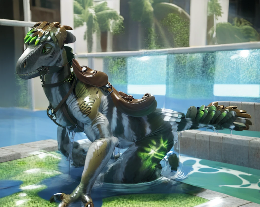 Ultra high resolution, best quality, masterpiece, extremely detailed raw photograph,  (half transformation), male human shiny smooth polyvinyl feathered deinonychus velociraptor mount inflatable fursuit hybridization metamorphosis, in gymnasium pool at night, (half human), wearing riding saddle bridle and harness, (green:1.9) (gray:1.5) (brown:1.8) (spots:1.1) (stripes:1.1), ((liquid polyvinyl goo partial dripping encasement)), male human feathered velociraptor mount inflatable polyvinyl fursuit hybrid, front zipper, plastic handlebars, air valve nozzle