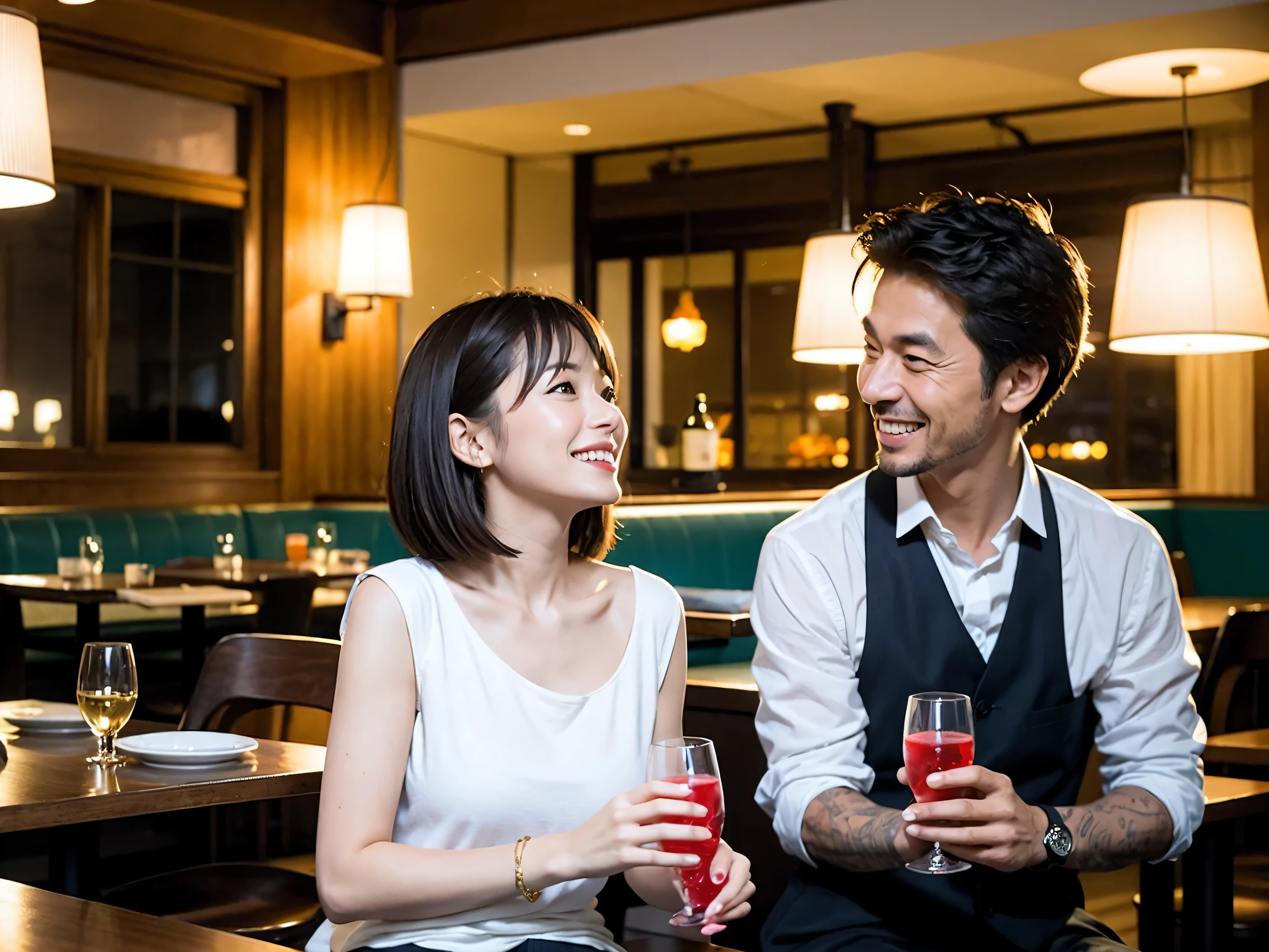 Detailed images that look like they were taken with a high-end camera、party、couple、banquet、Japanese sake、Shochu、hot sake、Japanese sakeファン、I love Japanese sake、because I&#39;thin、Women who drink alcohol、36 years old、38 years old、Colombia、Brazilian、Japanese、Dutch、German、Portuguese、Belgian、chiri、American、french、Spaniard、Italian、Indian、Englishman、Cut your hair short、brown hair、beautiful woman with glasses and cup、Japanese sakeグラスとワイングラスには清酒が入っています.、720m of Japanese sake、1.You can also see the 8L sake bottle...、There is also Choshi、adult woman in her 30s、Have a nice smile while enjoying a drink.、The location is a hotel restaurant..、You can see the beautiful night view of the city outside the window..、The floor is the 1st floor、In the background you can see a man and a woman enjoying alcohol...。
