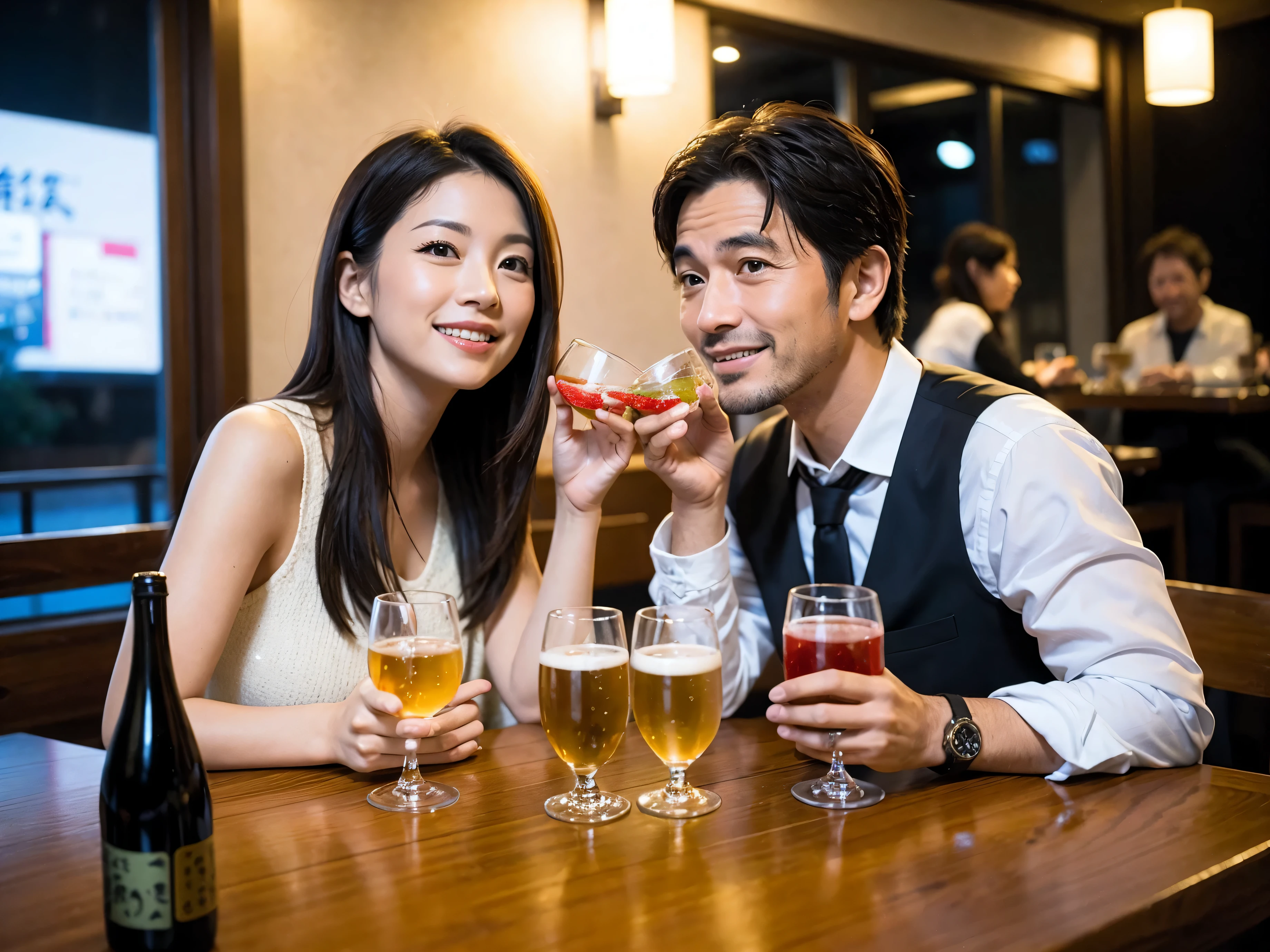 Detailed images that look like they were taken with a high-end camera、party、couple、banquet、Japanese sake、Shochu、hot sake、Japanese sakeファン、I love Japanese sake、because I&#39;thin、Women who drink alcohol、36 years old、38 years old、Colombia、Brazilian、Japanese、Dutch、German、Portuguese、Belgian、chiri、American、french、Spaniard、Italian、Indian、Englishman、Cut your hair short、brown hair、beautiful woman with glasses and cup、Japanese sakeグラスとワイングラスには清酒が入っています.、720m of Japanese sake、1.You can also see the 8L sake bottle...、There is also Choshi、adult woman in her 30s、Have a nice smile while enjoying a drink.、The location is a hotel restaurant..、You can see the beautiful night view of the city outside the window..、The floor is the 1st floor、In the background you can see a man and a woman enjoying alcohol...。