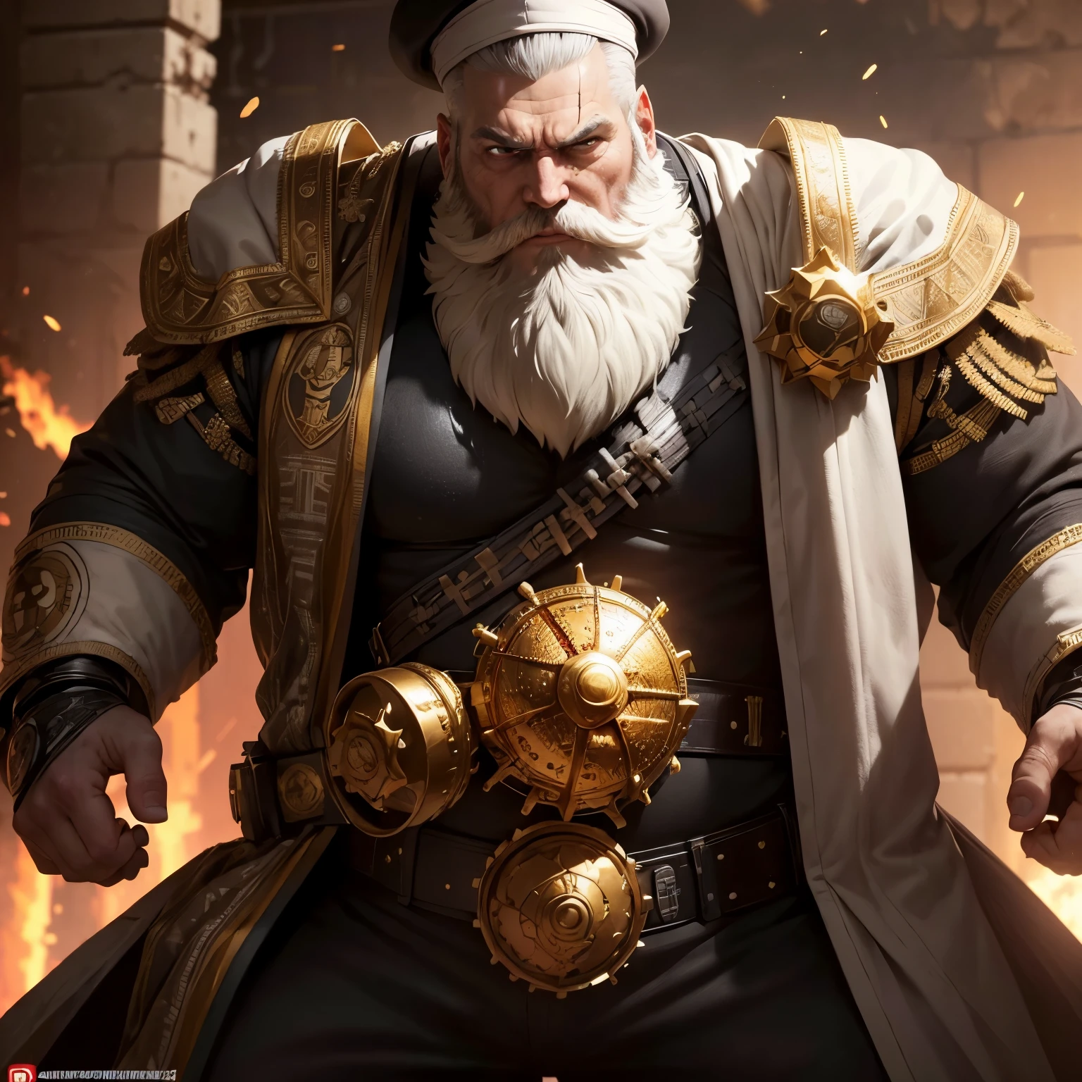 (best quality, high resolution, Super detailed), (actual:1.0),man body, , big muscles (White beard, Detailed beard), Sturdy appearance, (intense gaze:1.1). He is a (admiral) wear (Gorgeous:1.2) (suit) and admiral hat. The suit is (dotting:1.1) and intricate gold designs. He is standing in a prison, Surrounded by machines, his hands are tied by a handcuff,full body, (big bump:1.3). There are signs in his eyes (control:2.0) . The enemy has (corrupted his mind:2.0) and turned him into their (combatant:2.0). The scene is (extremely dramatic:1.1) and (explode:1.1) and活力.Penetrate the darkness