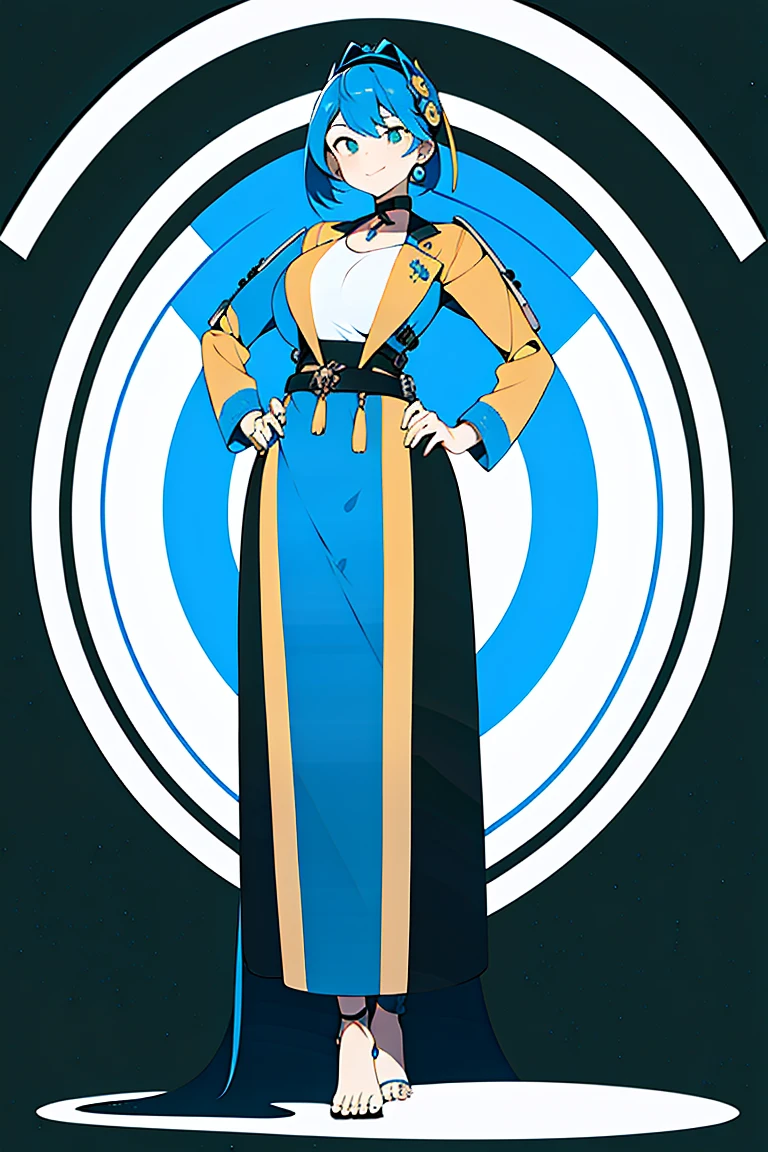 amelia n. with blue hair, masterpiece, (best quality), perfect eyes, metal suit, wearing samurai suit, yellow hairclip ,(stand pose), (full body shot), (toes to head view)