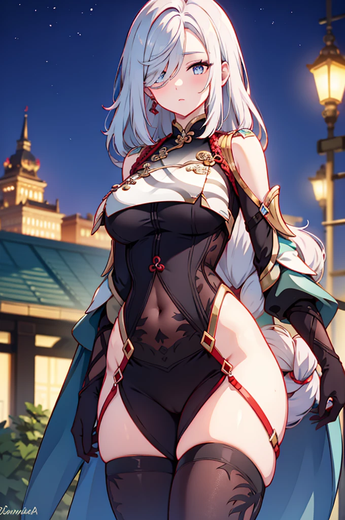 Shenhe, seductive, tight outfit, thick thighs, night city view, realistic, best quality, masterpiece, ultra detail, ultra high res, extreme detail