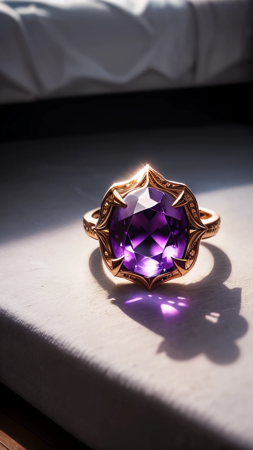 A ring with a purple gem lying inside a dark place under the bed