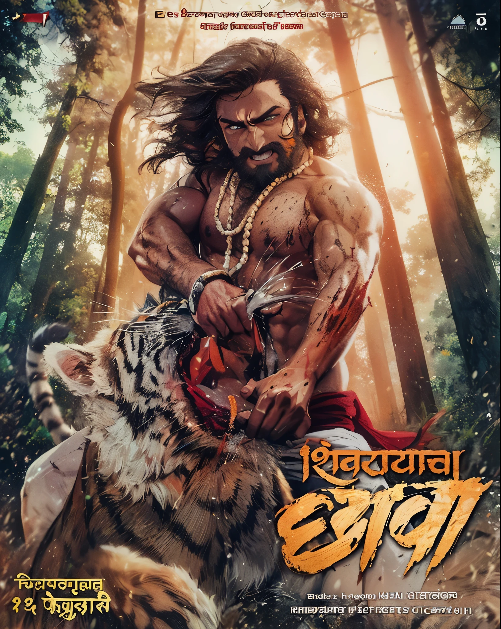 oil painting of a muscular maratha hindu warrior, Shivaji Maharaj Looking like greek god and zack effron, long wavy hairs, beard. a fight, he is attacking and fighting a tiger, warrior is  opening mouth a tiger mouth, this is in a dark forest, fog, and over cast thunder strom, forest leaves are high contrast 