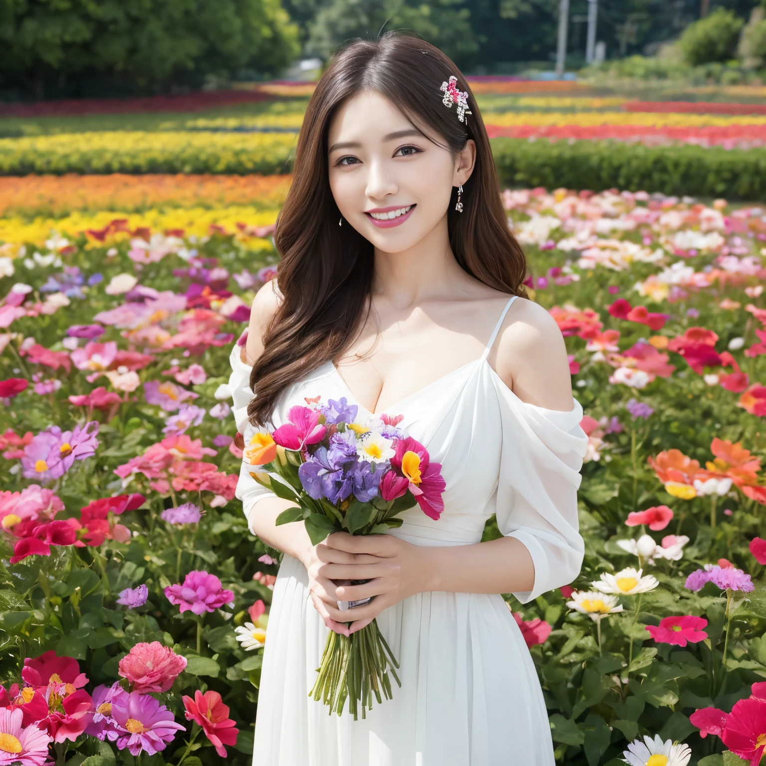 ((highest quality、pieces fly、8K、best image quality、hyper realism))、45 years old、wrinkled face、(very bright:1.1)、(Colorful flower garden:1.1)、beautiful and detailed eyes, portrait shot of woman、blurred background、(Elegant and neat dress:1.1)、Long Wave Hair, cleavage,、sunlit skin、(sculpture installation:1.1)、(very thin:1.2)、very narrow waist clothes、(The background is a gorgeous and bright flower field.:1.3)、1 gorgeous fountain、blurred background、bright and vivid、the best smile when you look at me、Please smile and show your beautiful white teeth、long eyelashes、perfect makeup、lipstick、(upper body photo:1.2)、Fair skin、Shining beautiful skin、Perfect and beautiful teeth drawn in detail