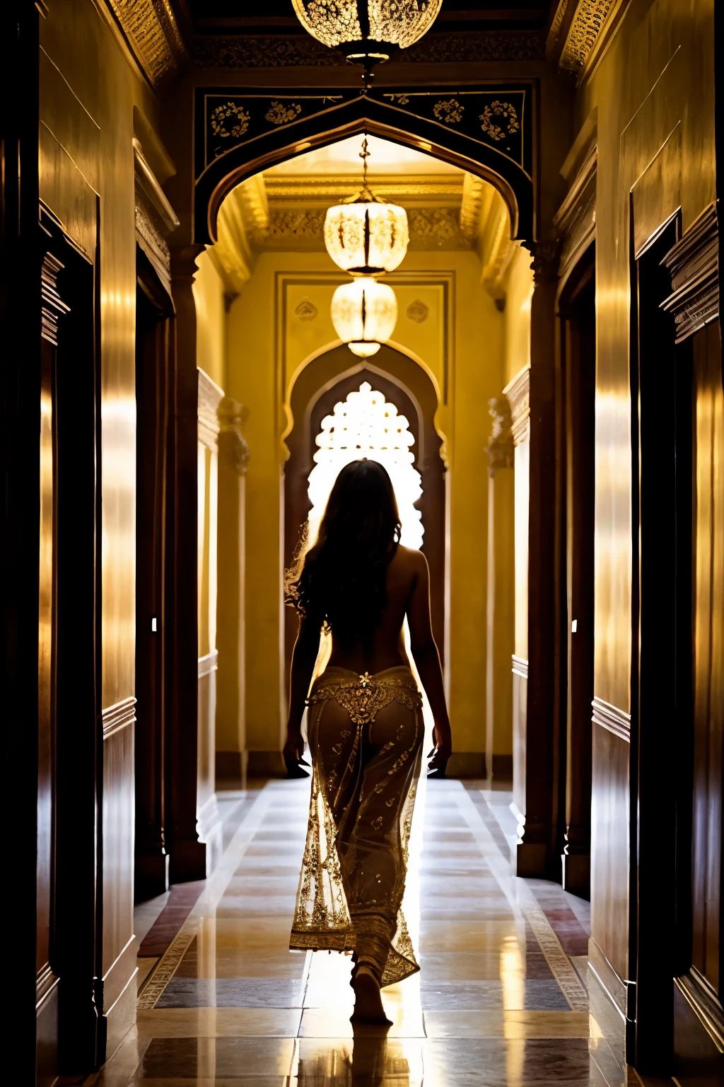 ((best quality)), ((masterpiece)), (detailed), perfect face
"royal indian gold palace corridor at night" "illuminated by moonlight coming in from the sides", "sexy naked queen deepika padukone walking naked through the dark corridors barefoot" "her natural gigantic breasts jiggling with her footsteps", floral patterns, filigree patterns, textured walls and floors, intricately detailed dark atmospheric scene, soft cinematic look.