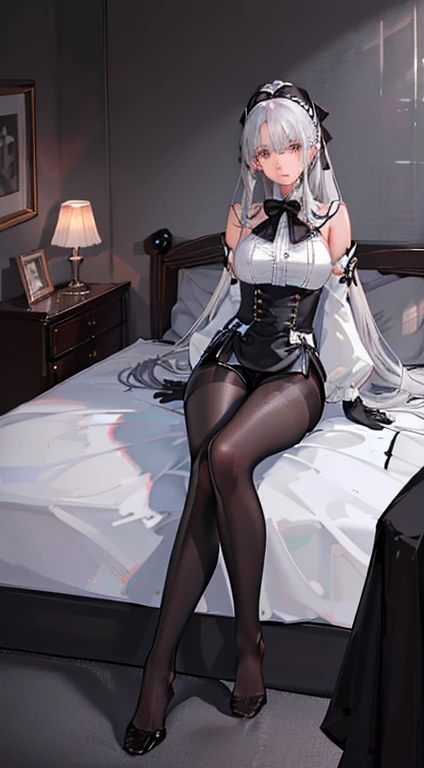 (((1 girl)),Ray tracing,(dim lights),[Detailed background (bedroom)),((silver hair)),((silver hair)),(Fluffy silver hair, plump and slender girl)) high ponytail)))) Avoid blonde eyes in the ominous bedroom ((((Girl wears exquisitely embroidered black high-waisted pants with pantyhose) and white ruffled bow gloves), Show off your exquisite figure and graceful curves, correct limbs, sitting on bed