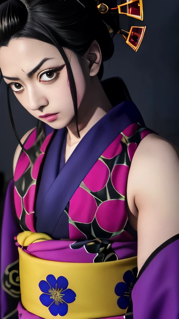 a close up of a person in a kimono outfit, kimetsu no yaiba, in jojo\'s bizarre adventure, screenshot from the anime film, jojo anime style, still from anime, from sengoku period, today's featured anime still, onmyoji portrait, screenshot from guro anime, demon slayer artstyle, shalltear from overlord