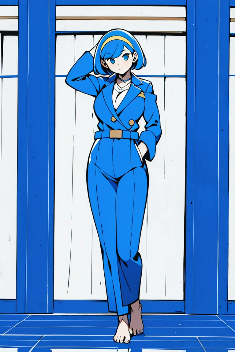 amelia n. with blue hair, masterpiece, (best quality), perfect eyes, metal suit, wearing samurai suit, yellow hairclip ,(stand pose), (full body shot), (toes to head view)