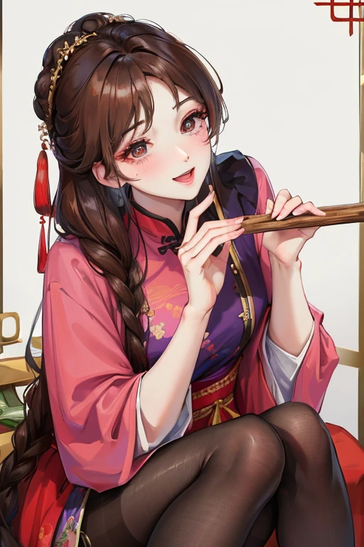 masterpiece, best quality, Married woman， aldult, Chinese style, China, elder sister,  Smile, brown hair, princess cut, Single fried dough stick braid，Pantyhose，Full of motherhood，Chinese style婚礼，Pure desire，blushing，dignified yet lively，Mother，kissing husband