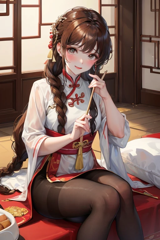 masterpiece, best quality, Married woman,pregnancy, aldult, Chinese style, China, elder sister, Smile, brown hair, princess cut, Single fried dough stick braid,Black tights,Full of motherhood,传统China服装,Pure desire,blushing,dignified yet lively,Mother,The hand caressed the belly,thin lips