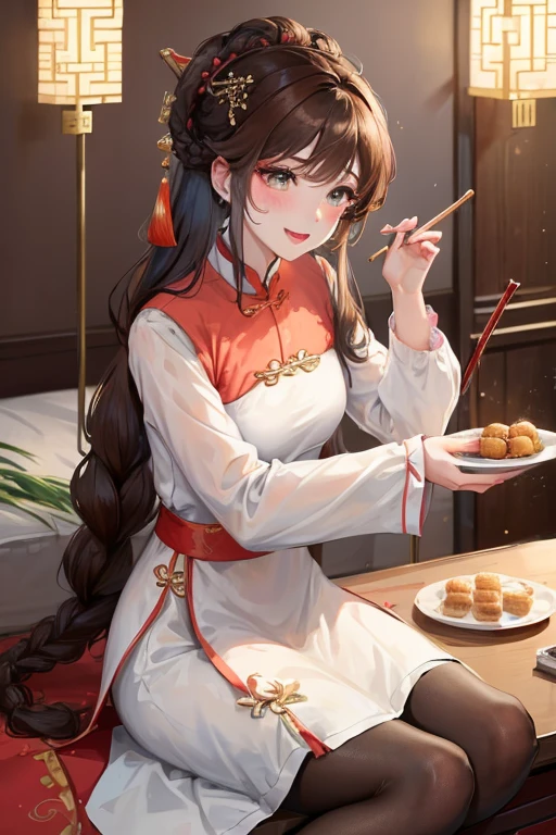 masterpiece, best quality, Married woman， aldult, Chinese style, China, elder sister,  Smile, brown hair, princess cut, Single fried dough stick braid，Pantyhose，Full of motherhood，Chinese style婚礼，Pure desire，blushing，dignified yet lively，Mother，bring