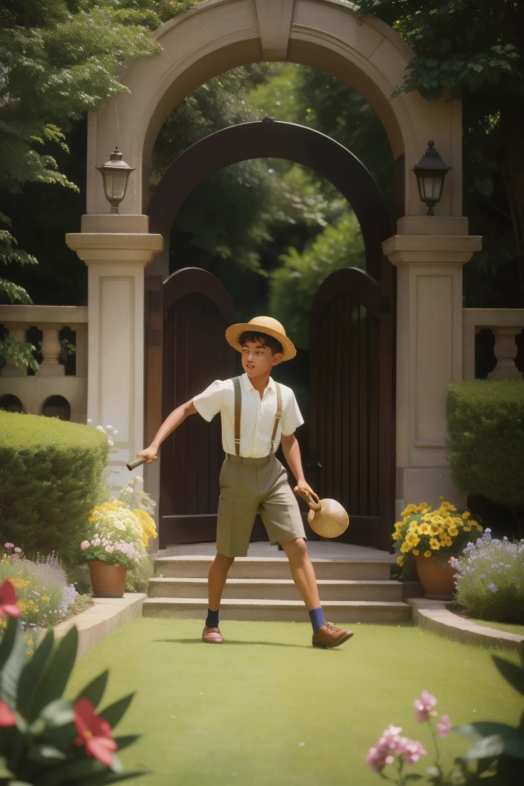 Along the meandering paths of an Edwardian garden in the 1990s, a fifteen-year-old Latino boy, with a straw hat and suspenders, enthusiastically practices his juggling skills with vintage wooden clubs, the rhythmic motion creating a whimsical spectacle amidst manicured flower beds and wrought iron gates.