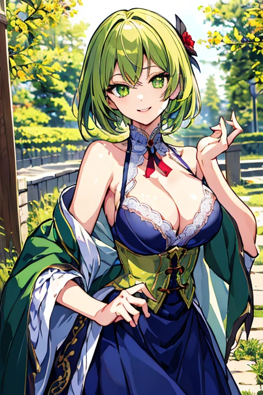 masterpiece、top-quality、超A high resolution、2D Beautiful Girl、animesque、s girl、green colored hair、short-haired、Vampire-like figure、Beautiful yellow-green eyes、The clothes are also depicted in detail、Eyes are depicted in detail、The face is depicted in detail、sorcerer、soio、Gentle smile、hair adornments、animesque、illustratio