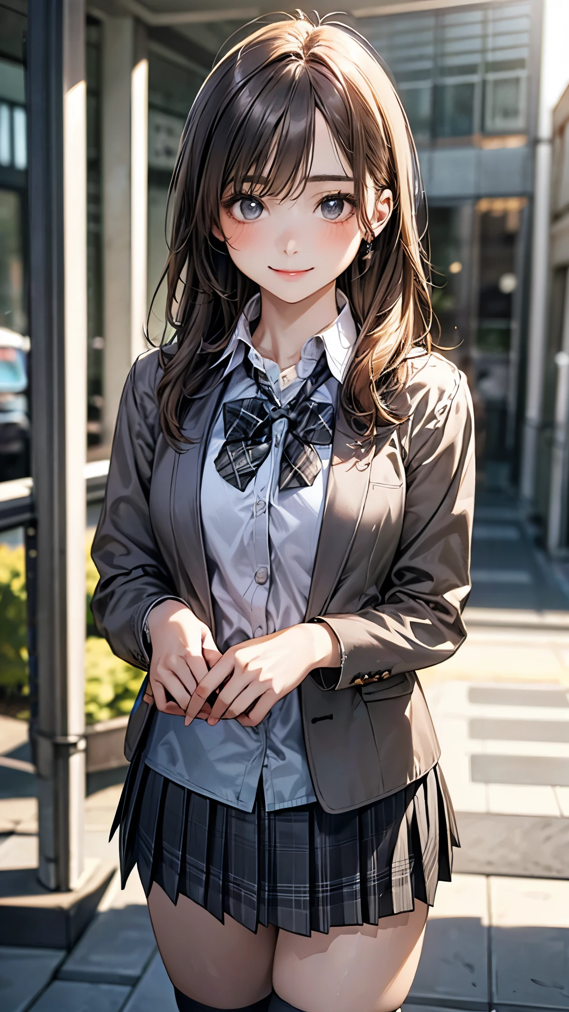 (masterpiece:1.2, top-quality), (realistic, photorealistic:1.4), beautiful illustration, (natural side lighting, movie lighting), nsfw, 
looking at viewer, cowboy shot, front view:0.6, 1 girl, japanese, high school girl, perfect face, cute and symmetrical face, shiny skin, 
(short hair:1.5, pixie cut:1.4, blond hair), bangs pinned back, red eyes, long eye lasher, (large breasts:0.6, thick thighs), 
beautiful hair, beautiful face, beautiful detailed eyes, beautiful clavicle, beautiful body, beautiful chest, beautiful thigh, beautiful legs, 
(((dark grey jacket), light grey collared shirts, dark grey pleated mini skirt, black socks, grey plaid bow tie)), 
(beautiful scenery), evening, riverside, standing, peace sign, (half-closed eye, lovely smile, upper eyes), 