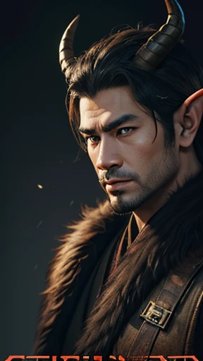 oriental、Man with horns on his head、game poster、masterpiece、super resolution、(realistic:1.4)、alone、man in fur、no background、