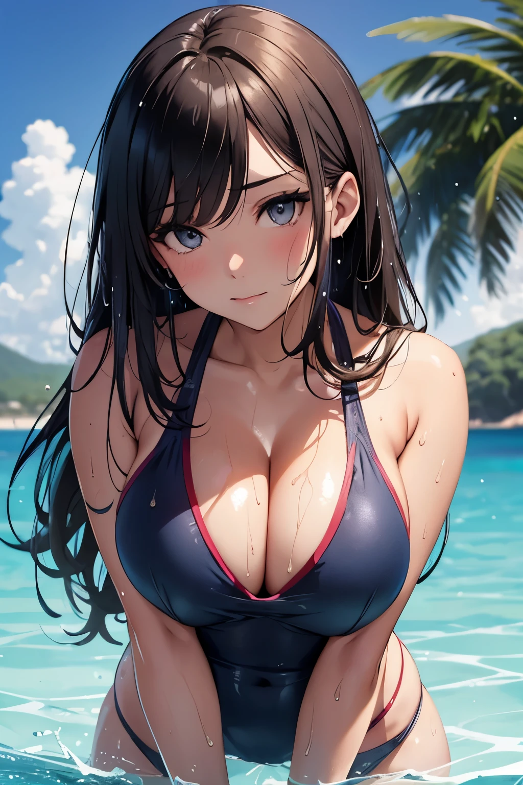 Beautiful girl, swimsuit, wet skin, sweat, touching her , big breage, sexy, Sting