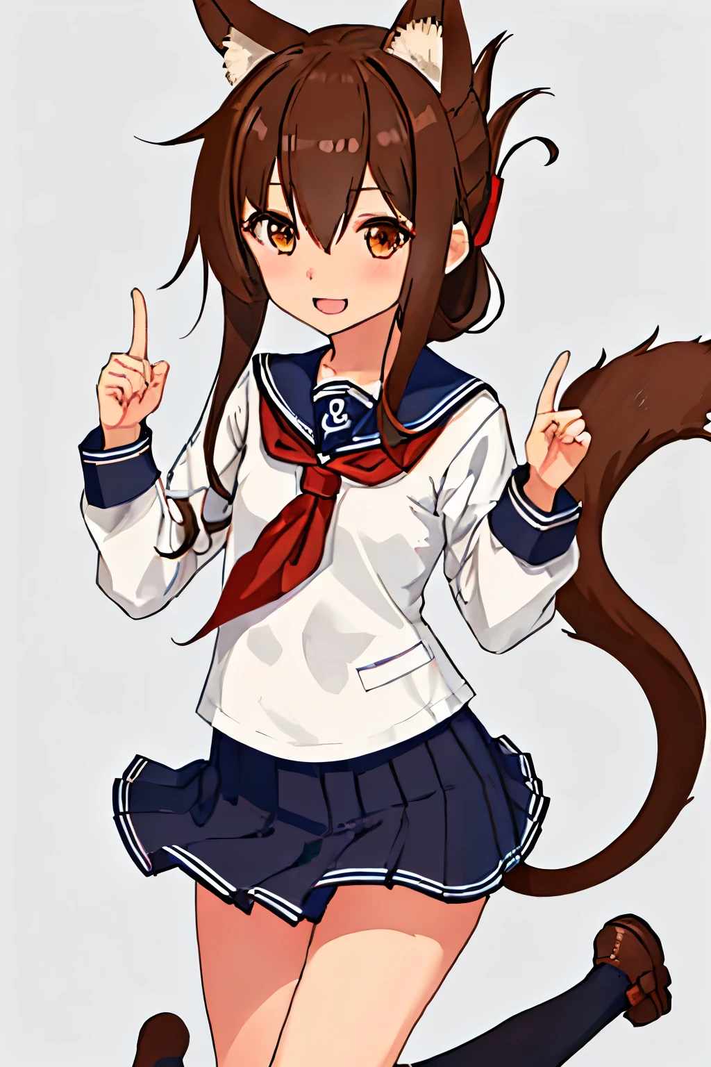 highest quality, masterpiece, High resolution, 一人in, {Inazuma_Kantai Collection:1.15}, Brown_hair, folded_ponytail, Brown_eye, serafuku, length_hair, blush, Open_mouth, smile, 1 girl, animal_ear, cin_ear, kemonomimi_mode, looking for_in_viewer, School_uniform, neckerchief, cin_tail, tail, skirt, feet_Print