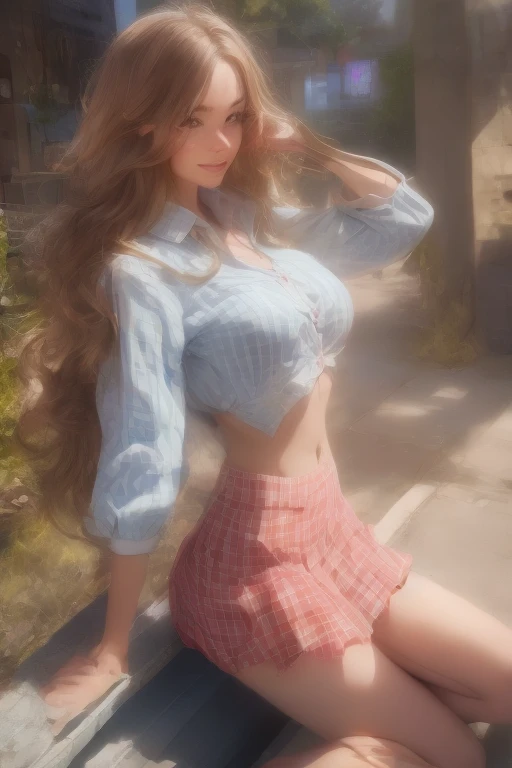 (Upscale variant, Remove background, generated data tips Upgrade 8K, Masterpiece, RAW photo, Best quality, Photorealistic, Extremely detailed Cg Unity 8K wallpaper, Depth of field, Cinematic light, Lens flare, Ray tracing), (Extremely beautiful face, young face, Beautiful lips, Beautiful eyes), intricate detail face, ((ultra detailed skin)) 1girl kneeling, deepshadow, Pretty british girl,(Very slim and slender muscular body), ((view the viewer)),(Big smile), (on the street), clear sky at background, ((The background is blurred out)), sunset, (Sunshine behind the head),  Pretty british girl, Clear eyes, Kneeling, front footage, (Pale skin), Looking at viewer, (Big eyes), kneeling, ((White school blouse, red tartan skirt)), (Detailed clothes), (Shape), (Wavy brown hair), (view the viewer),((Smile)), suprise face, ((Spotlight illumination))