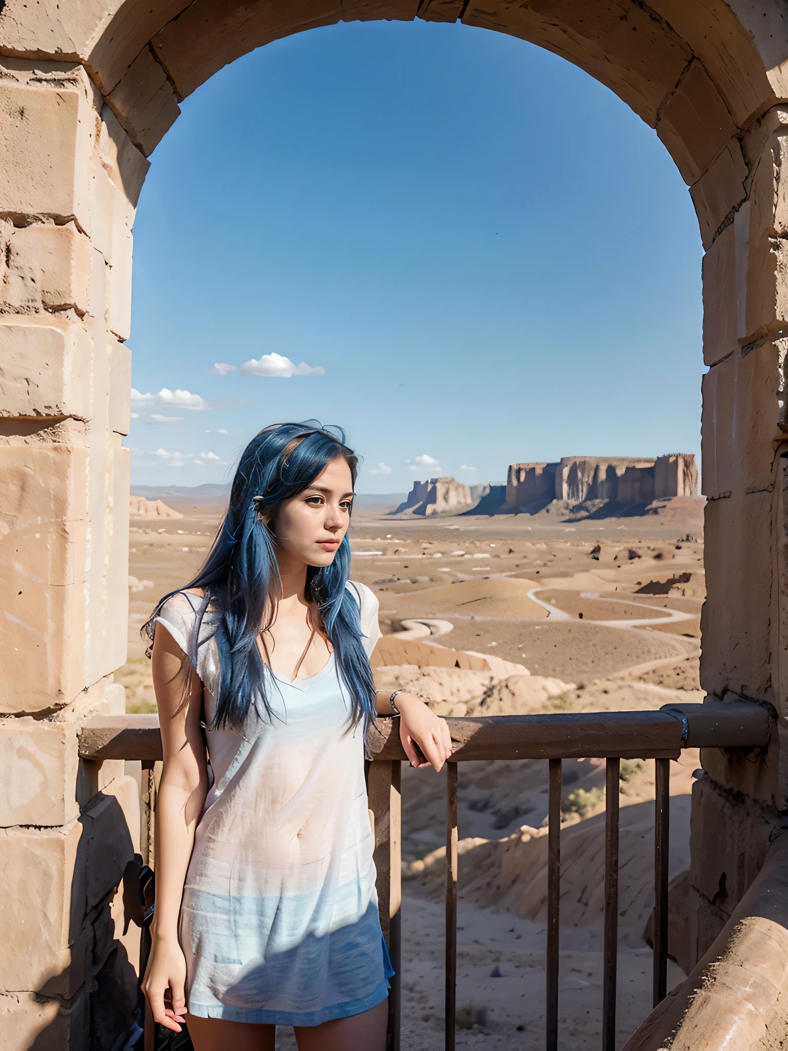 beautifully drawn, High quality, super-detailed computer-generated illustration of a young man with a serene expression, looking into the distance with her striking light blue hair, gently fluttering in the desert wind;. The landscape behind him is vast and breathtaking., involving viewers in a world of wonder and exploration.