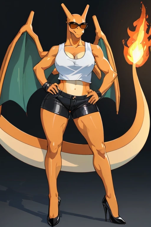 ((Charizard)), anthropomorphic, big boobs, big ass, pokemorph, (((1girl))), (((pink cropped tank top))), (black leather short shorts), (sunglasses), cute and sexy, (black heels), slender, orange skin, (black fingerless gloves), long legs, smiling