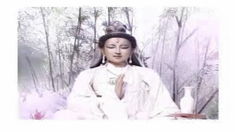 Refer to the picture to draw a Guanyin Bodhisattva wearing a white dress sitting on a lotus seat in a bamboo forest., The left hand holds the jade vase, Right hand chanting posture, Similar to real-life charity, The background is a bit smoky, High resolution pictures required, god rays, UHD, highres, highres, high details, textured skin