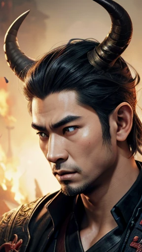 oriental、man with horns on his head、game poster、masterpiece、super resolution、(realistic:1.4)、solo、No background、