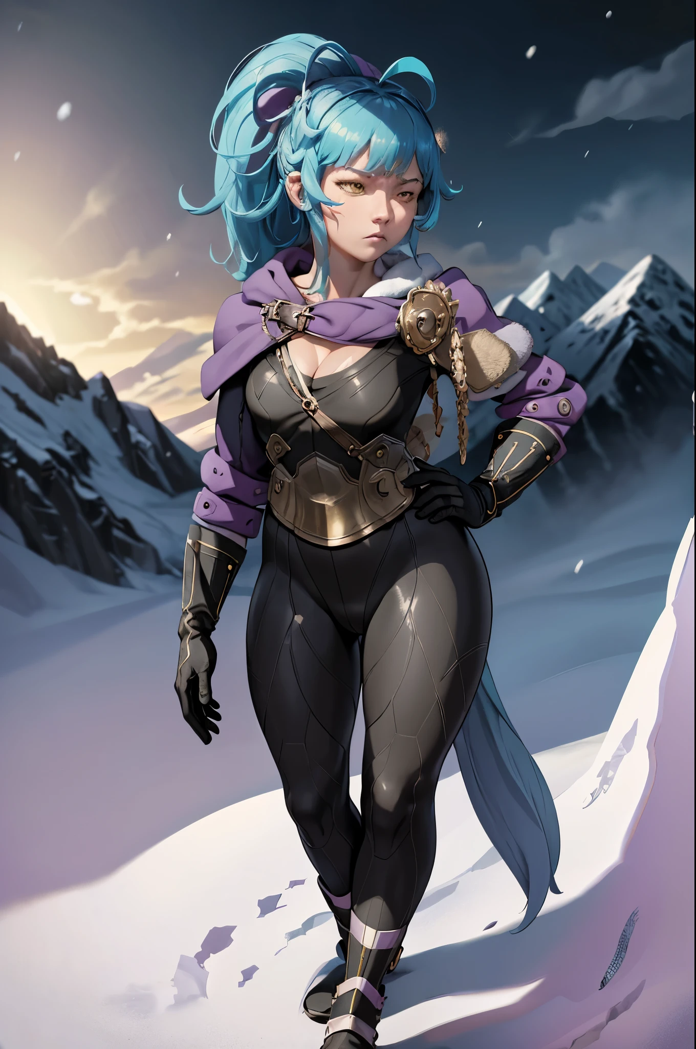 masterpiece, best quality, reginn, yellow eyes, purple capelet, black bodysuit, cleavage, black gloves, black shoes, whole body, standing, hand on hip, closed eyes, pensive, winter, snow, mountains, sky, clouds 