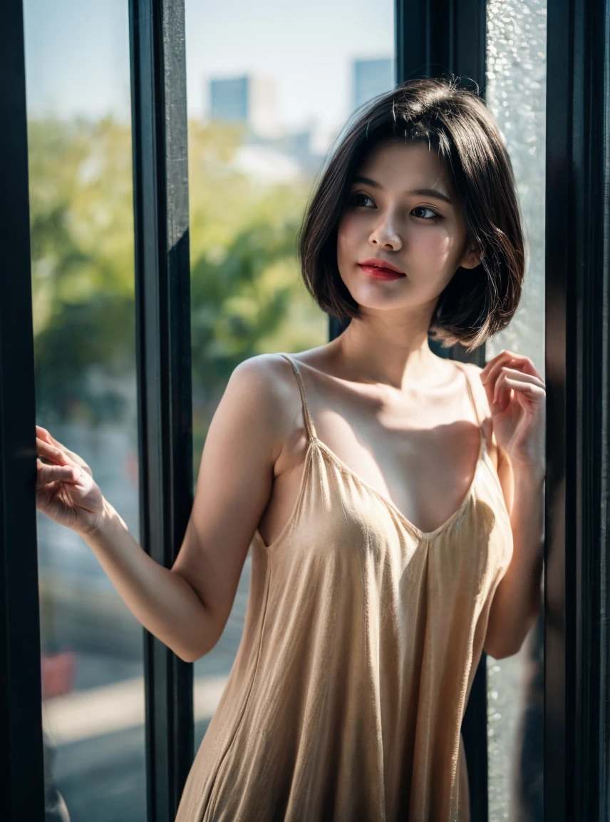 (Best quality, Ultra detailed, Golden ratio, Masterpiece:1.2), Theatrical lighting:0.7, Photo of a woman, dressed in a very elegant and pretty dress, Perfect rare face, (Highly detailed skin), randomly dyed hair, Hide your mouth with your hands、Ridicule, skin texture, Pale skin, shiny skin, (thin, large size:1.2), [:(Sharp focus on rare face, perfect eyes:1.2):0.2], photorealistic, film grain, Put one foot forward、from below looking up、look at camera、Emphasize the shoulders, Focus on face、Stockings、glasses、Smile with corners of mouth raised、disdainful expression, summer haze, muted colors, muted warm colors, Photo cinematic portrait of a woman dressed in a striped dress sitting by the window in the early morning, cinematic, (tilted:1.3) (on an old train) look cautious, standing under a spotlight, volumetric dust clouds, key light, backlight, soft natural lighting, photography Film grain ISO 400 30 mm lens RAW f1.8 aperture, highly detailed (analog photography:1), colors hdr