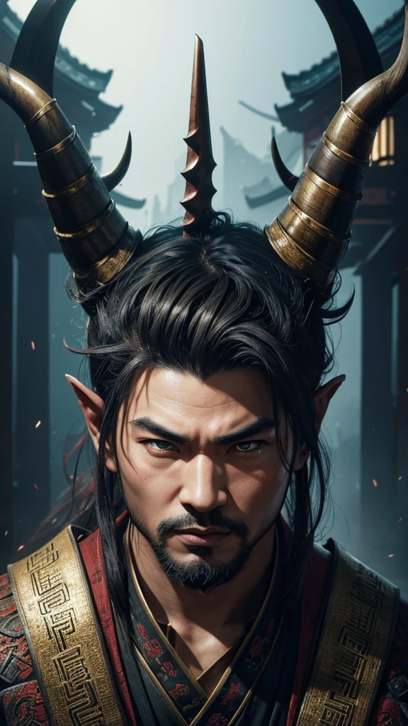 oriental、man with horns on his head、game poster、masterpiece、super resolution、(realistic:1.4)、solo、No background、