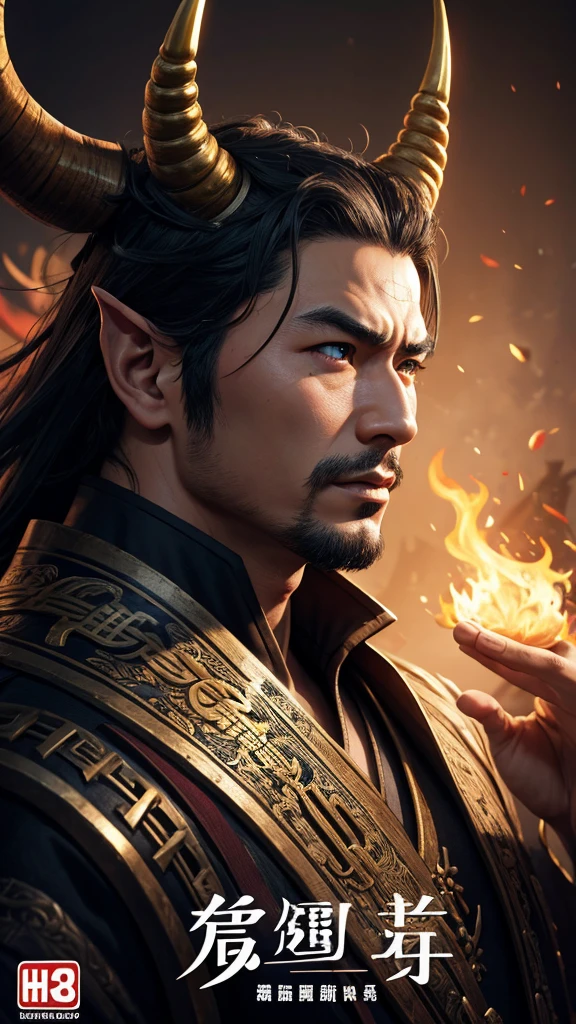 oriental、man with horns on his head、game poster、masterpiece、super resolution、(realistic:1.4)、solo、No background、