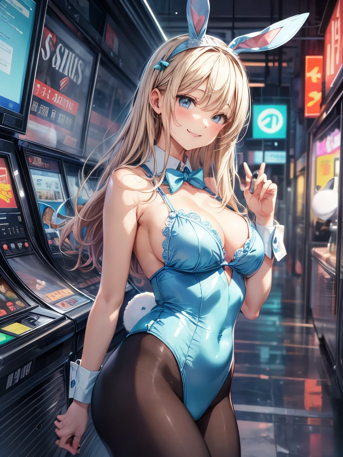 highest quality、complete limbs、full finger、(((Women with blonde hair:1.3)))、medium hair woman、Beauty busty woman:1.3、Light Blue Bunny Girl、(((Light Blue Bunny Girlレオタードを着た女性:1.7)))、A woman wearing a bunny girl headband、(((woman wearing light blue pantyhose)))、casino、slot、roulette、big smile