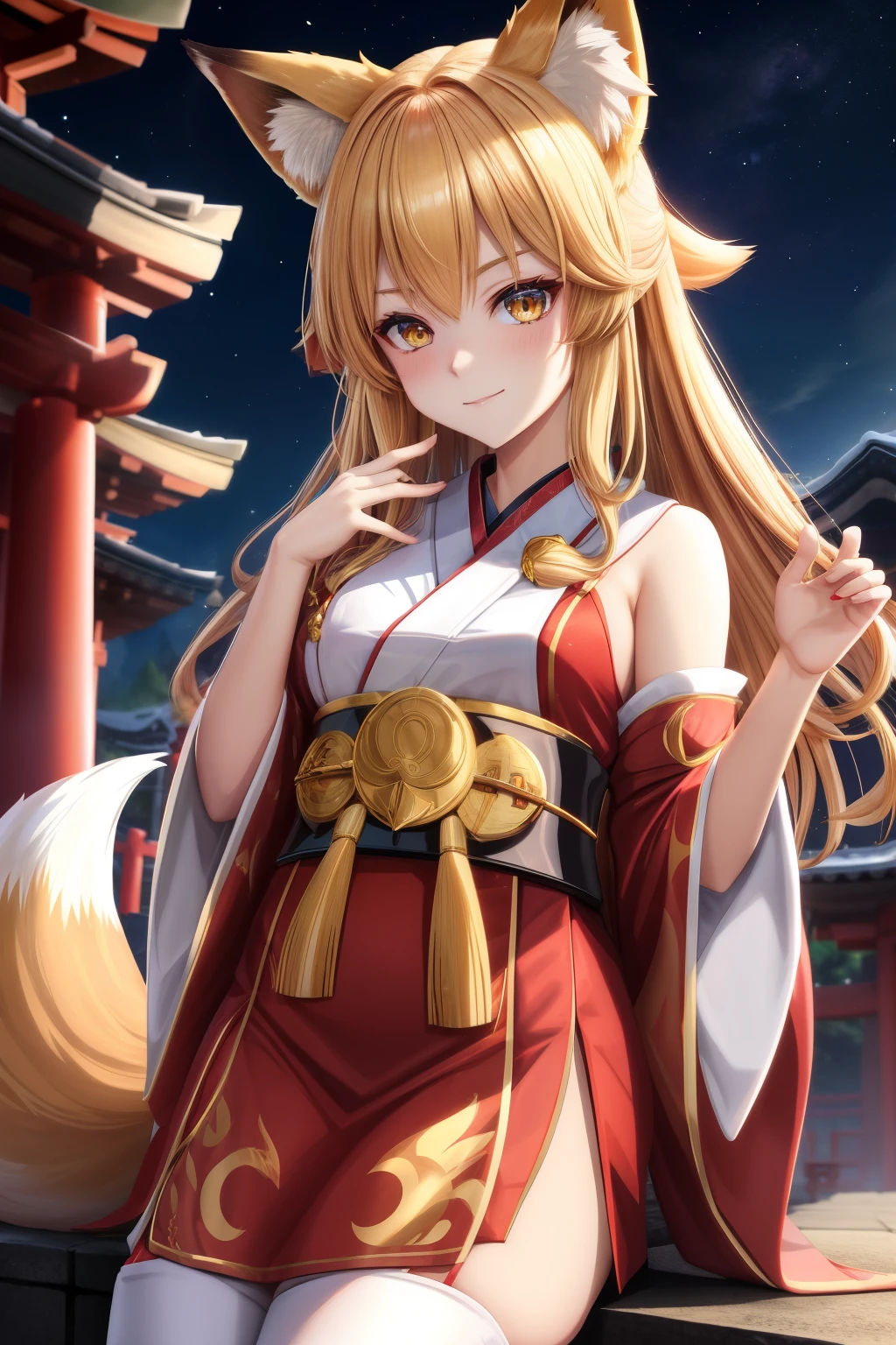 upon, fox ears, blonde, golden eyes, shrine maiden costume, tail
