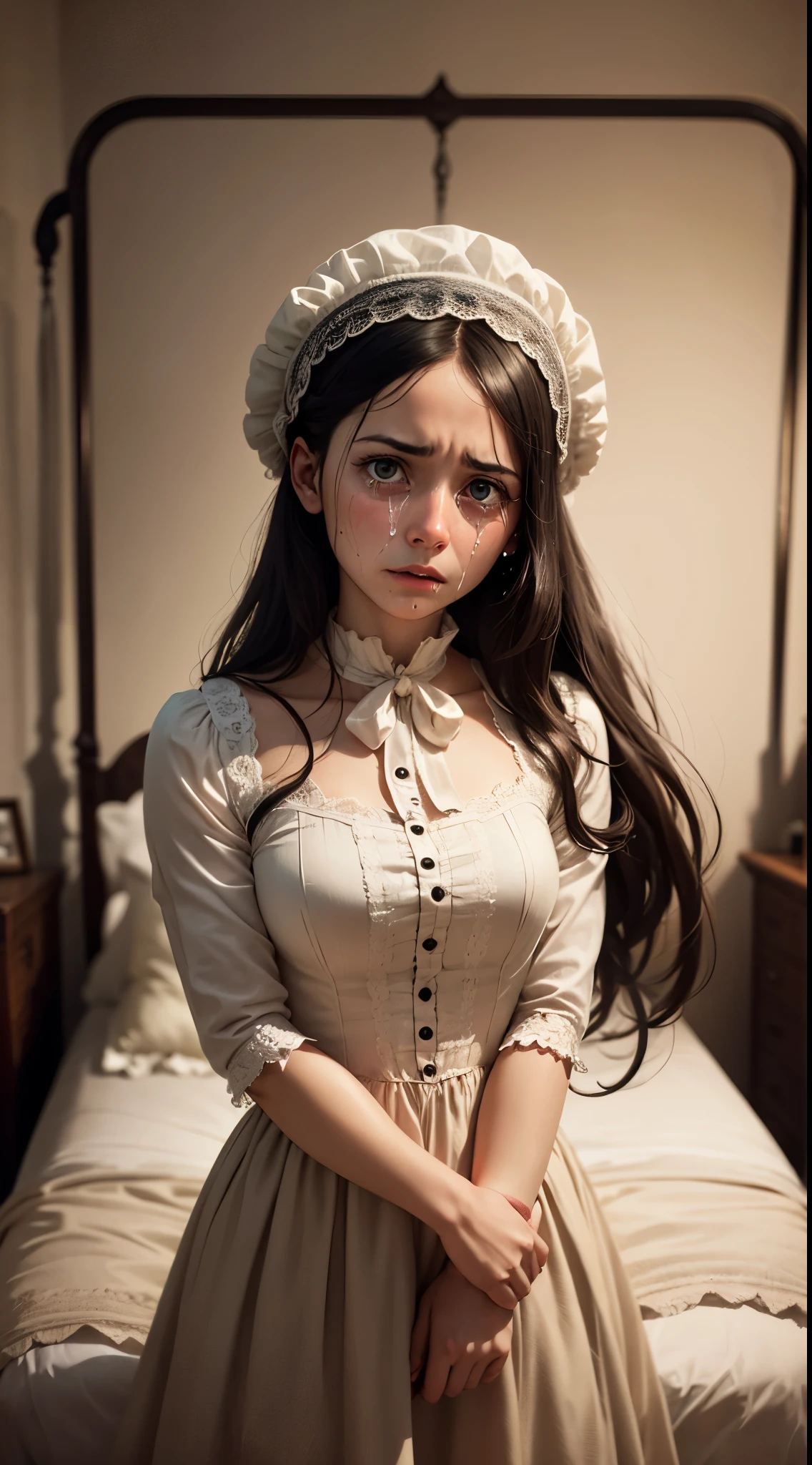 Female1, 25 years old, crying sound, Black hair, A face with tears in its eyes, crying sound out for help, (victorian era, United Kingdom), ((background: bedroom))