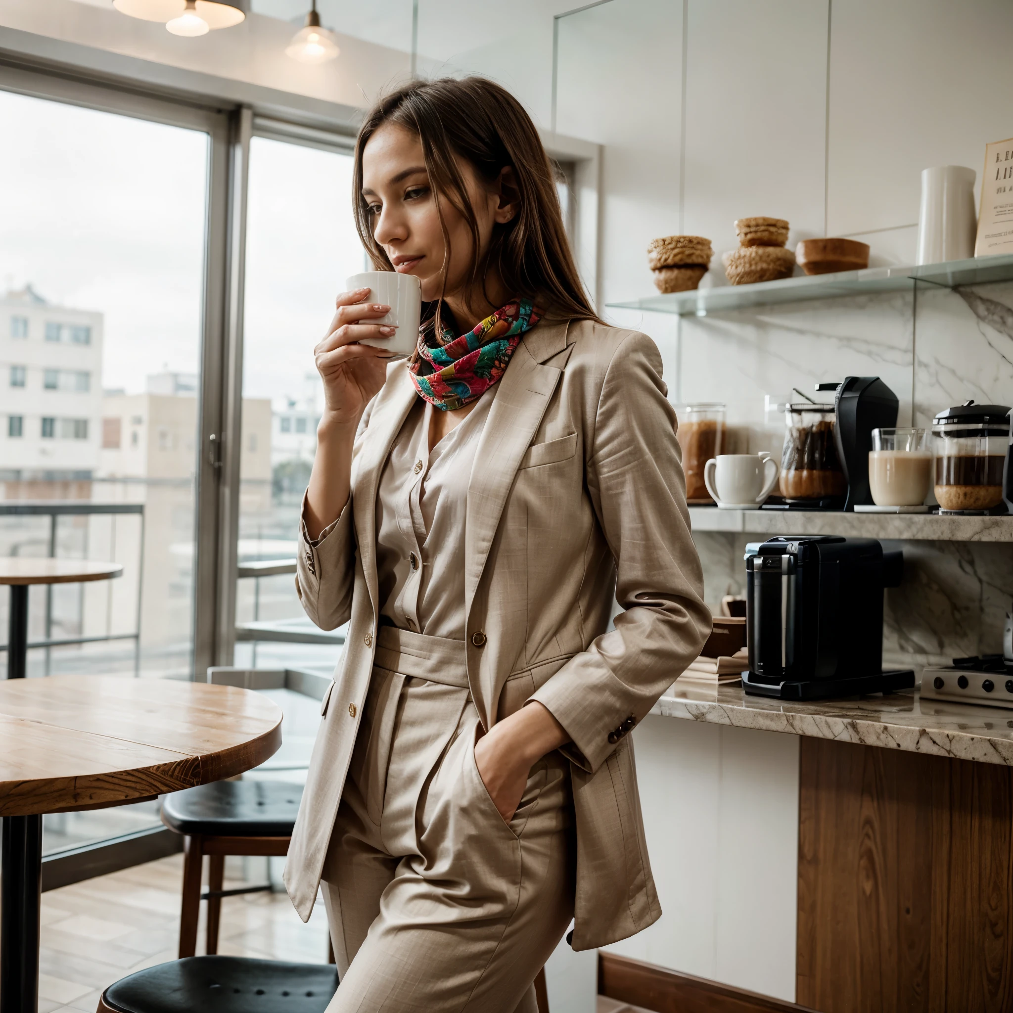 A sophisticated and fashionable 30-year-old woman, dressed in a tailored pantsuit and a vibrant silk scarf, gracefully sipping a cup of coffee at a chic café. Modern, elegant, minimalistic setting, soft natural lighting, clean lines.