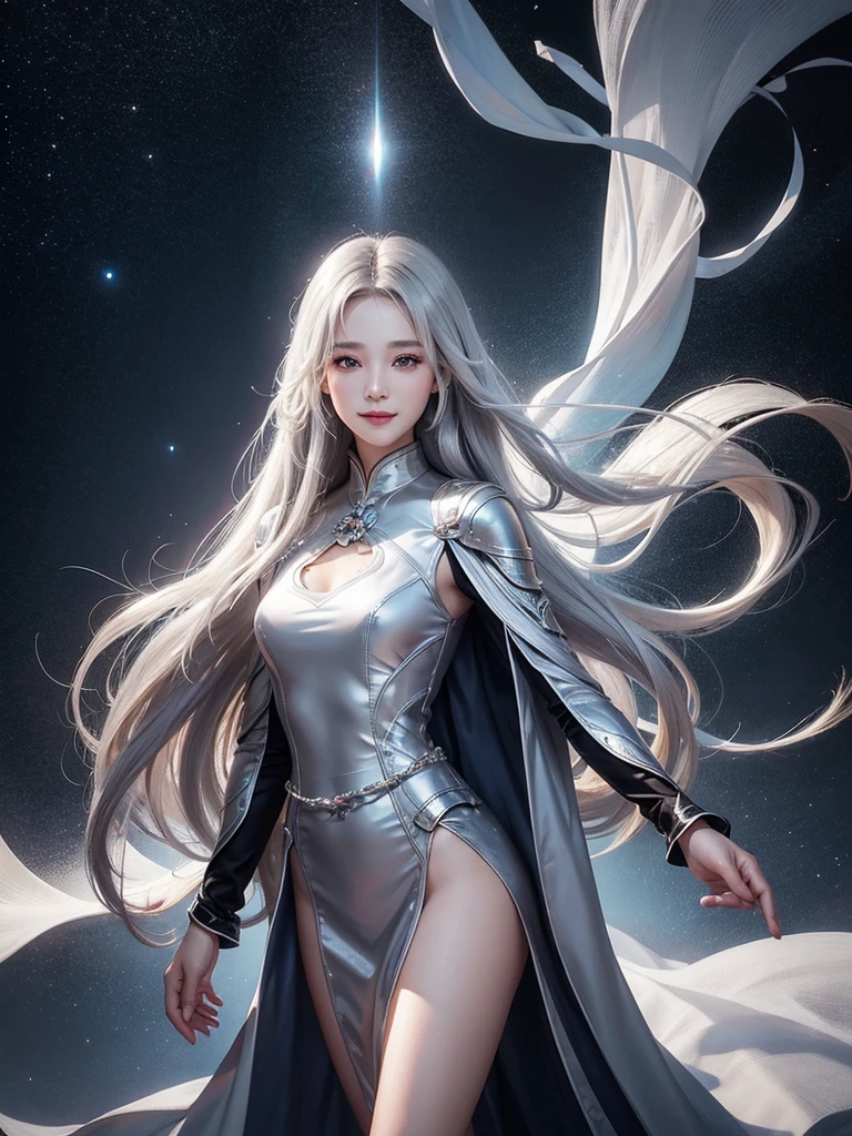 smile , long smooth shiny silky silver hair, Realistic lighting, pretty face , Body perfect anatomy,Top Quality, 8K Resolution , full body , High quality, realistic , Cinematic, Aesthetic, beautiful girl , princess , qi pao dress