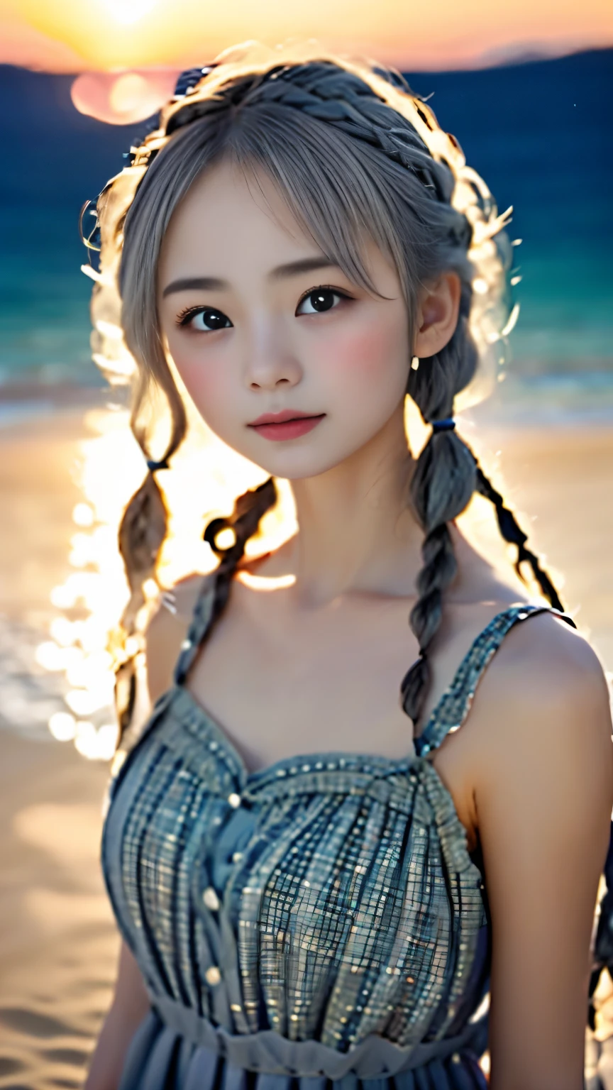 one girl、small face、cute face、Ash gray hair:1.5、Large braids、Camera gaze、small breasts、An ennui look、(((camisole、dress)))、particles of light、Sunset Sea、calm sea、white sand beach、Very beautiful sunset、RAW photo、highest quality、High resolution、high resolution、master piece:1.3、８ｋ、１２ｋ、professional photographer、