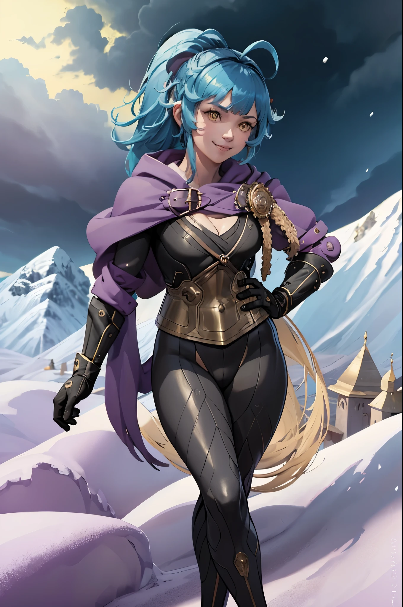 masterpiece, best quality, reginn, yellow eyes, purple capelet, black bodysuit, cleavage, black gloves, standing, hand on hip, smile, winter, snow, mountains, sky, clouds, upper body, cowboy shot