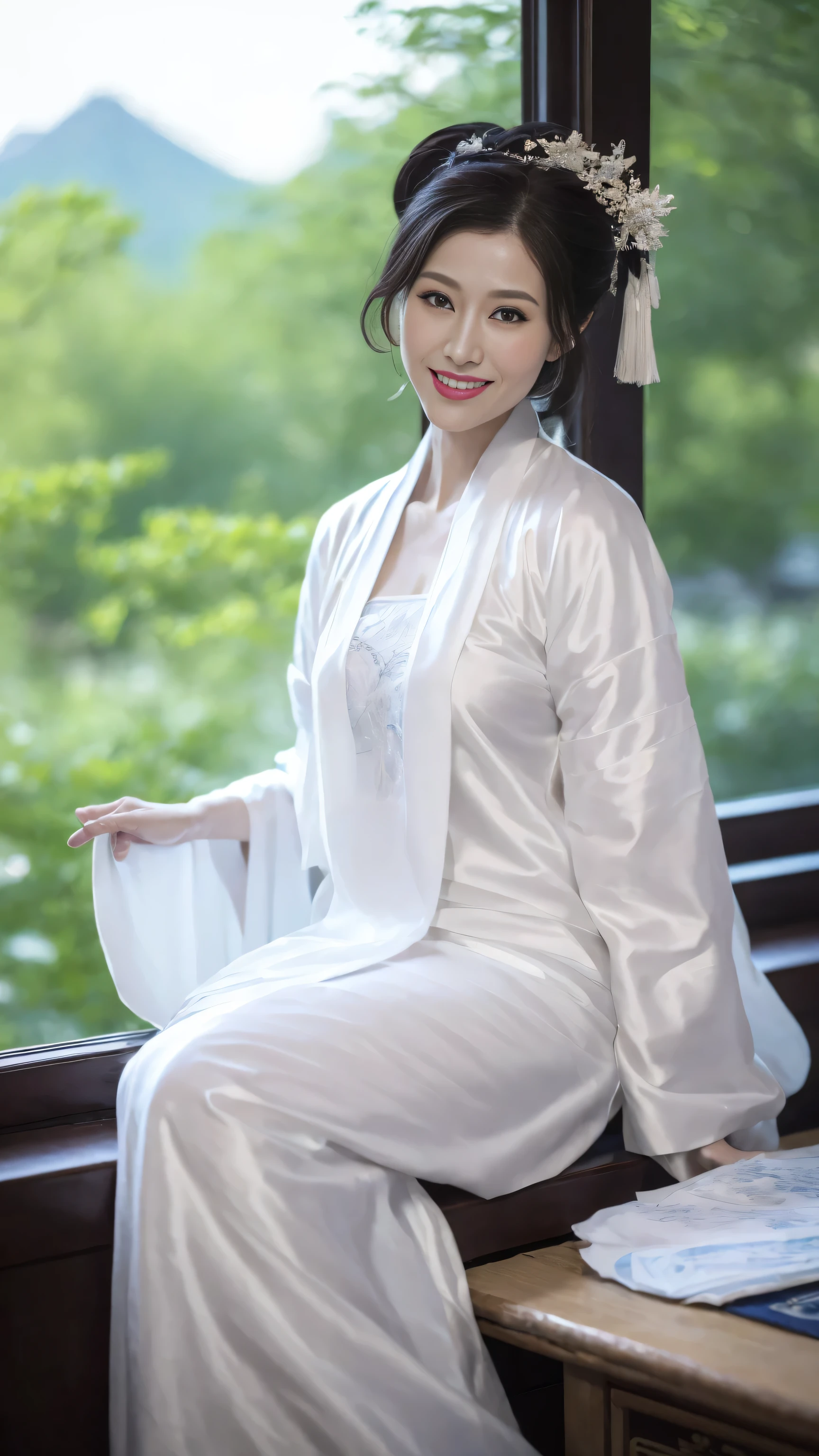 （1 18-year-old female fashion model）， [[[[close up]]]], [[[[split]]]], [[[[neck]]]], [[[[Shoulder]]]], perfect eyes, perfect iris，perfect lips，perfect teeth，perfect skin，White skin，Soft headlight，High density imaging review，girl，((White openwork erotic underwear))，((Sexy))，((full))，((exposed))，((Chinese women&#39;hairstyle))，(Various dynamic poses)，(((Excited and satisfied smile)))，Background chinese style interior decoration，Outside the window are green trees and mountains，quality， masterpiece， ultra high resolution，（lifelike： 1.4）， original photo，（超级lifelike细节））， best quality，（pastel colors：1.2）