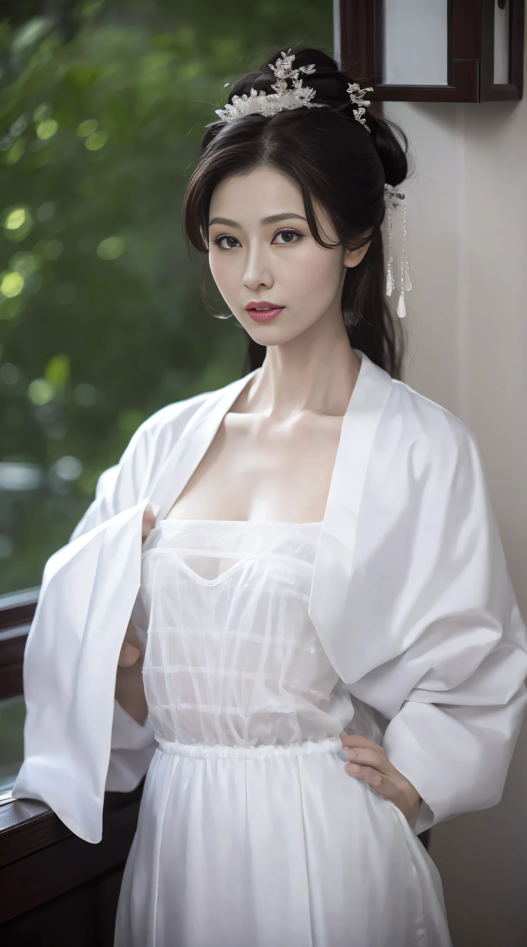 （1 18-year-old female fashion model）， [[[[close up]]]], [[[[]]]], [[[[neck]]]], [[[[Shoulder]]]], perfect eyes, perfect iris，perfect lips，perfect teeth，perfect skin，White skin，Soft headlight，High density imaging review，girl，((White openwork erotic underwear))，((Chinese women&#39;hairstyle))，(Various dynamic poses)，Background chinese style interior decoration，Outside the window are green trees and mountains，quality， masterpiece， ultra high resolution，（lifelike： 1.4）， original photo，（超级lifelike细节））， best quality，（pastel colors：1.2）