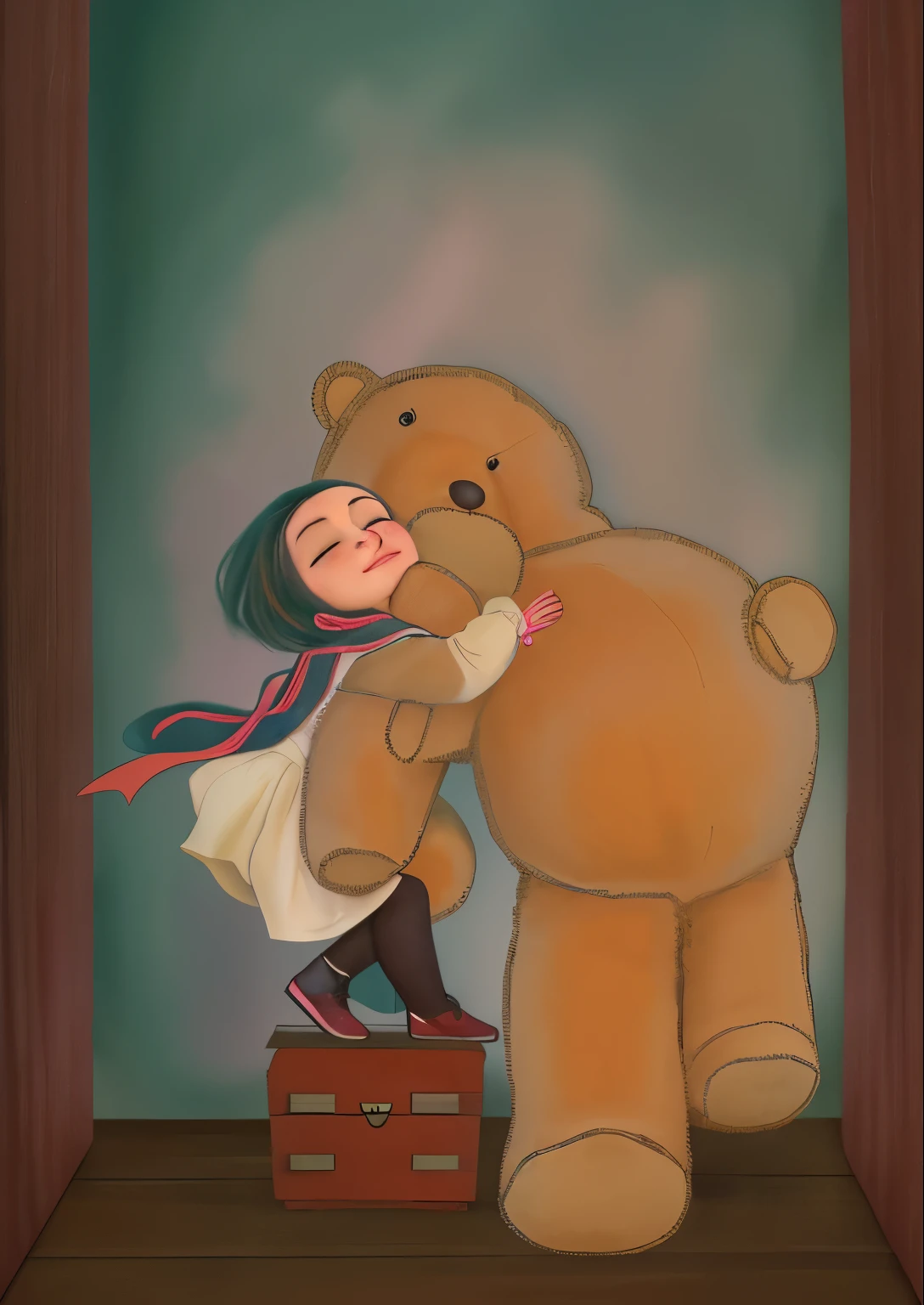 girl hugging a teddy bear, girl standing on stool, spirit hugs, hugging