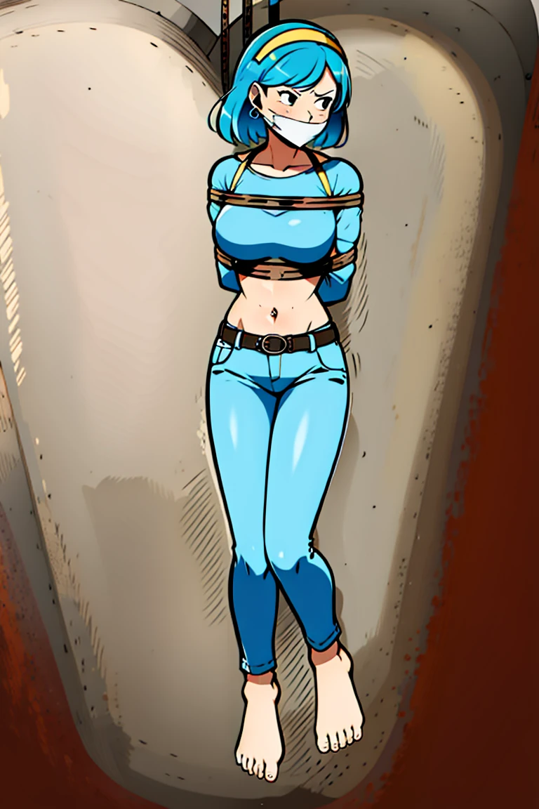 amelia n. with blue hair, masterpiece, (best quality), perfect eyes, bound, bondage, (arms behind back:1.4), bdsm, tape gag, tape, tape bondage, restrained, best anatomy, upper body, wearing tight orange crop top, jeans, yellow hairclip ,(stand pose), (full body shot),(toes to head view), (rope on her neck)