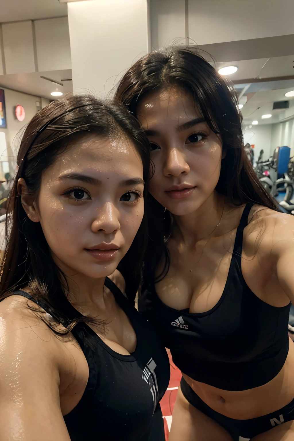Two Hong Kong sisters in gym, sportswear, beautiful face, closeup selfie, sweat, soft lighting, hyper realistic, night time