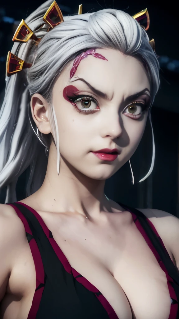 anime girl with white hair and red eyes in a black dress, the goddess artemis smirking, in jojo\'s bizarre adventure, kimetsu no yaiba, portrait knights of zodiac girl, craxula, neferpitou, jinx face, portrait of hisoka hunter hunter, hisoka, gyro zeppeli, screenshot from black clover